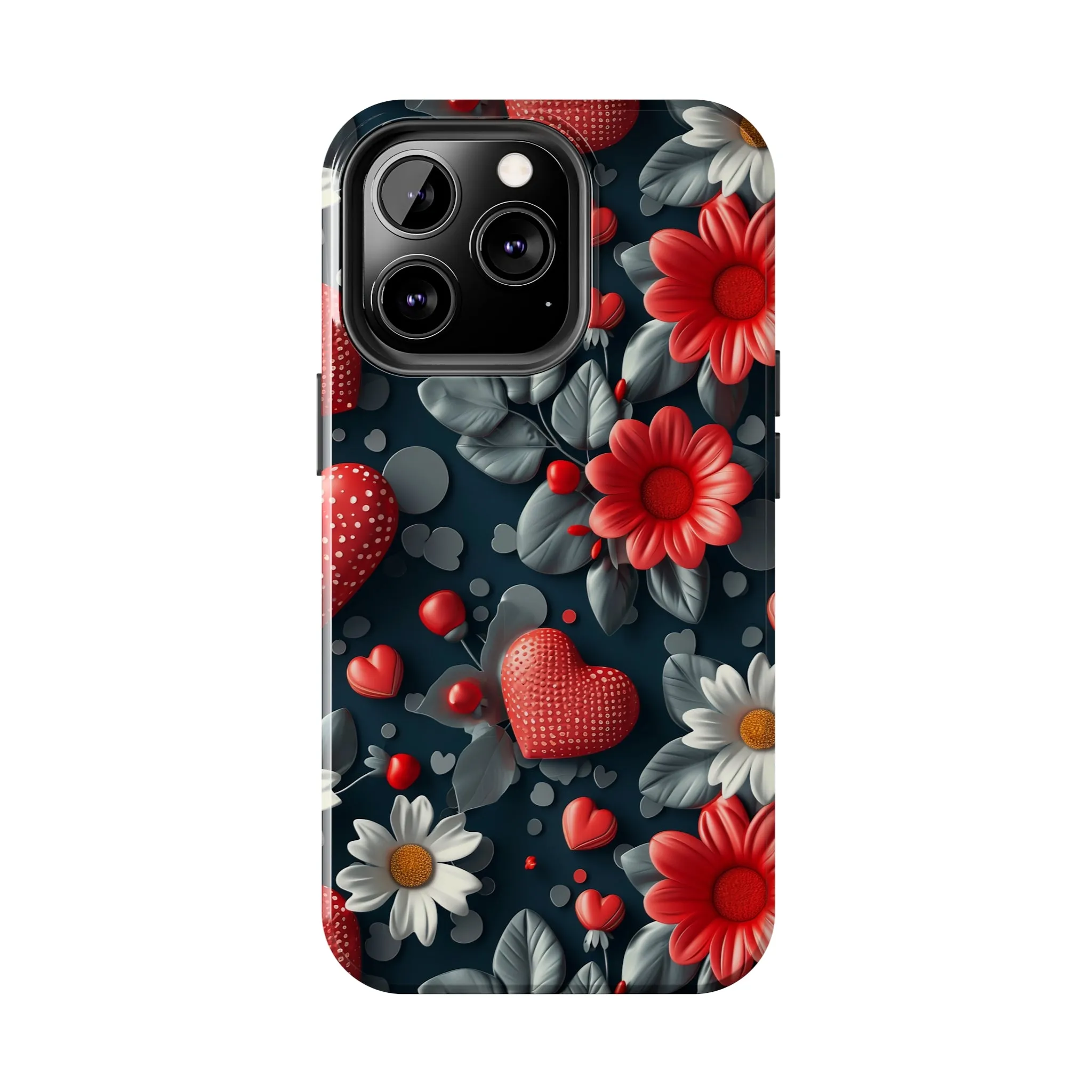 3D Flowers and Red Hearts Digital print Design Tough Phone Case compatible with a large variety of iPhone models, Gift, Phone Case