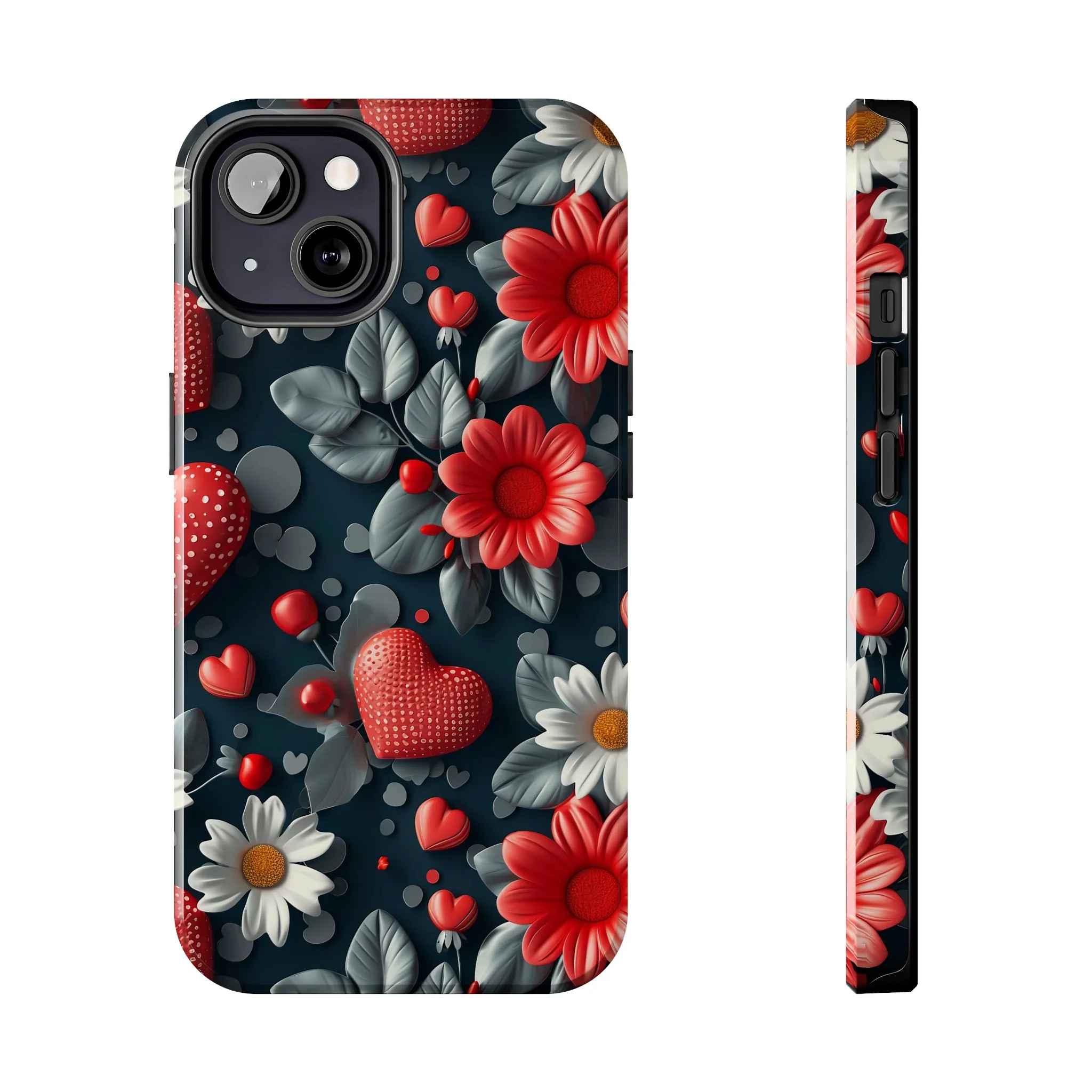 3D Flowers and Red Hearts Digital print Design Tough Phone Case compatible with a large variety of iPhone models, Gift, Phone Case