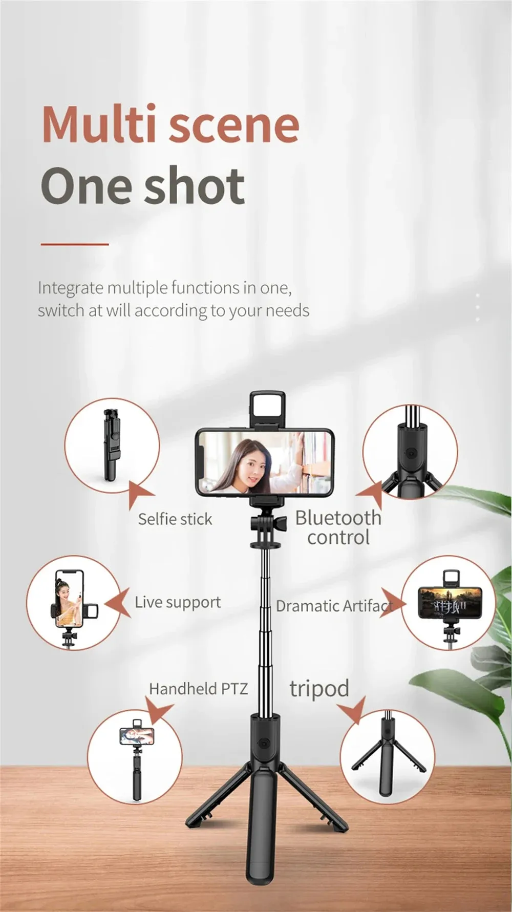 3In1 Bluetooth Wireless Selfie Tripod With Fill Light Shutter Remote Control Portable Foldable Monopod For iPhone Smart Phone