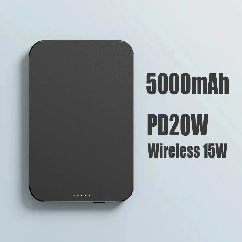 5000mAh Magnetic Wireless Charger with Metal Finish - 15W Fast Charging Power Bank for iPhone 12, 13, and MagSafe Devices