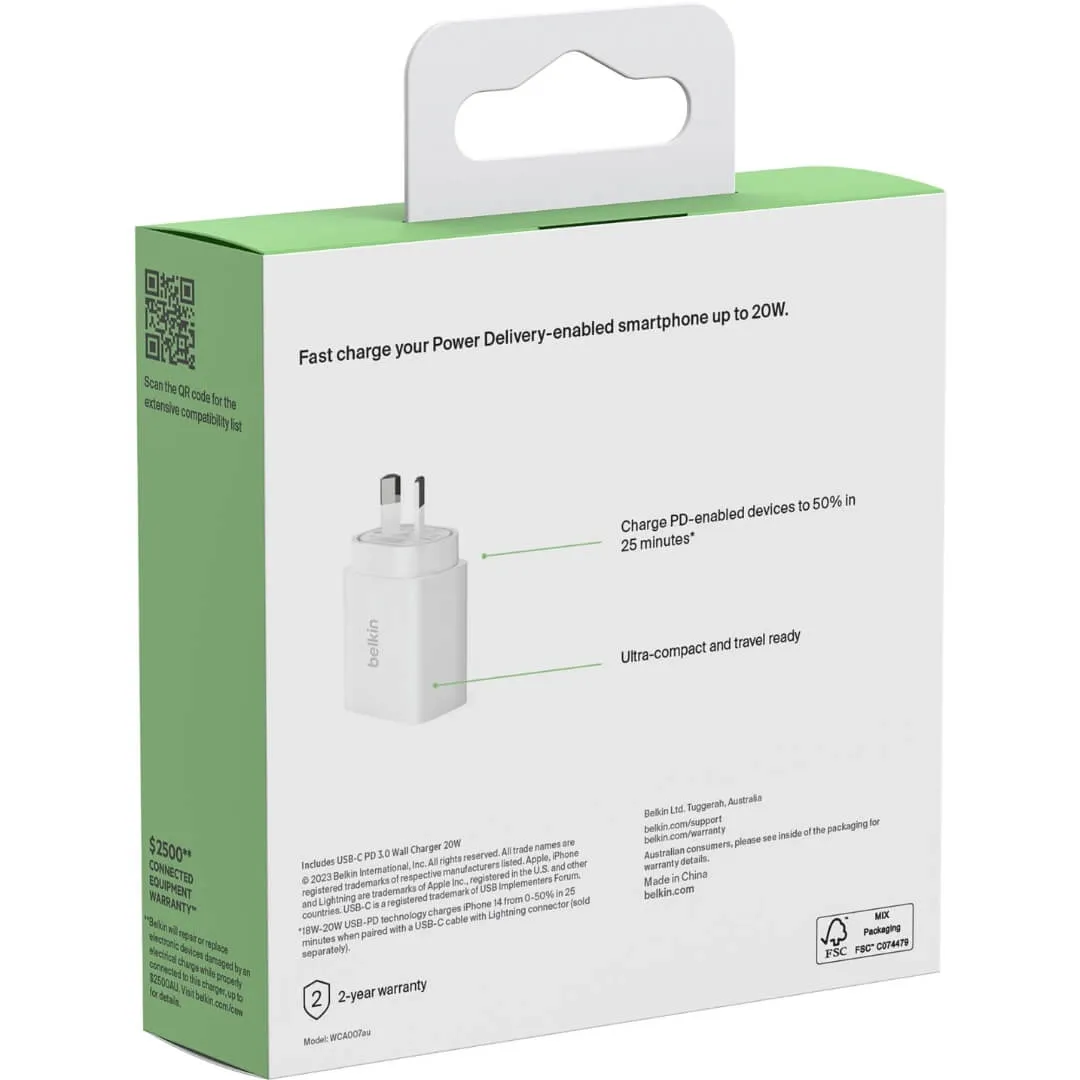 Belkin BoostCharge USB-C PD 3.0 Wall Charger 20W (2-Pack)