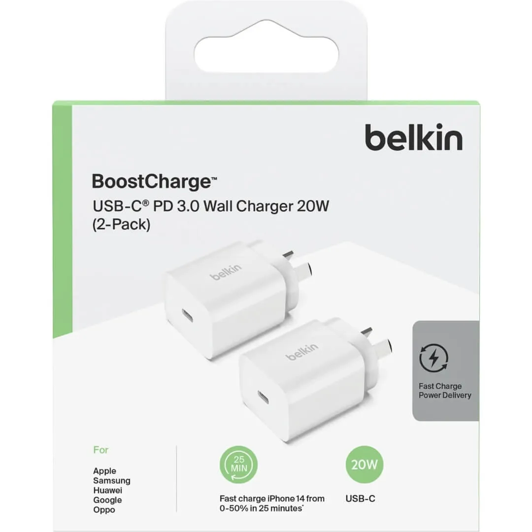 Belkin BoostCharge USB-C PD 3.0 Wall Charger 20W (2-Pack)