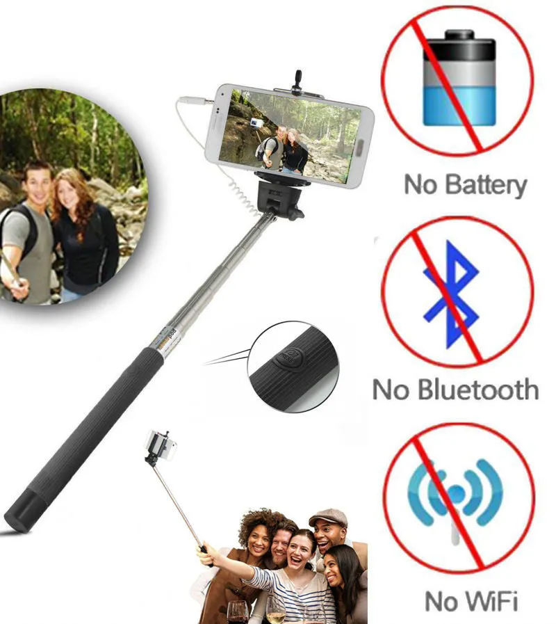 Blue 3.5mm Extendable Selfie Wired Stick Phone Holder Remote Shutter Monopod For smartphone iphone