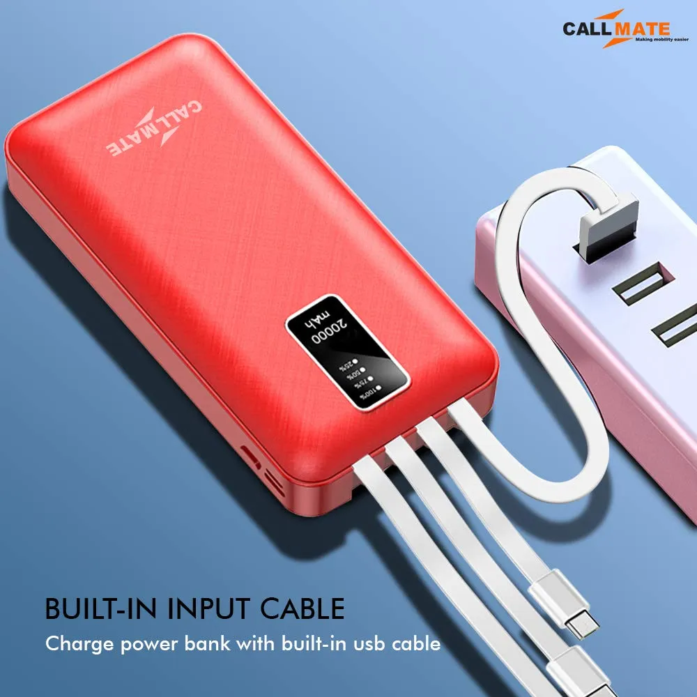 Callmate 20000mAh Power Bank, 15W Fast Charging| Buit-in Cables | 4 Output Ports and 3 Input | for iPhone, Smartphones & Other Devices (15 W, Fast Charging) (Red, Lithium Polymer)