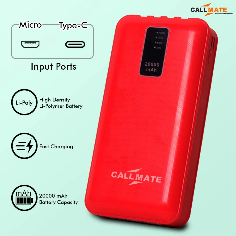 Callmate 20000mAh Power Bank, 15W Fast Charging| Buit-in Cables | 4 Output Ports and 3 Input | for iPhone, Smartphones & Other Devices (15 W, Fast Charging) (Red, Lithium Polymer)