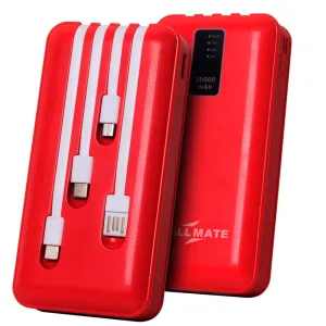 Callmate 20000mAh Power Bank, 15W Fast Charging| Buit-in Cables | 4 Output Ports and 3 Input | for iPhone, Smartphones & Other Devices (15 W, Fast Charging) (Red, Lithium Polymer)