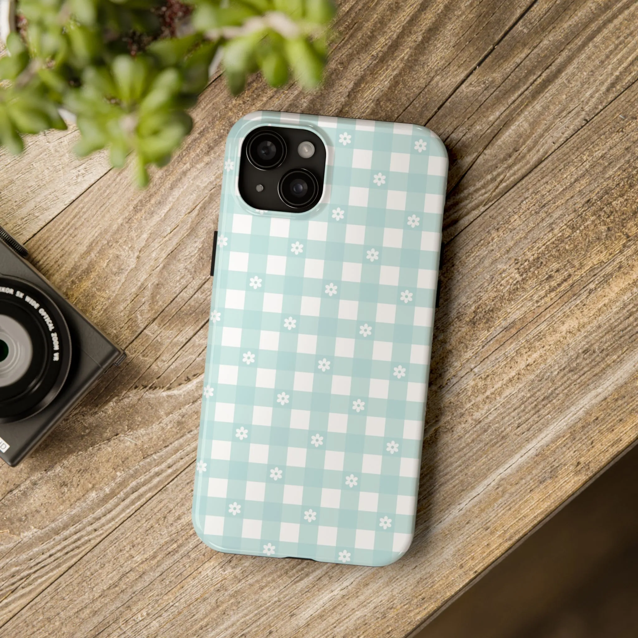 Cute Blue and White Gingham with Daisies Digital print Design Tough Phone Case compatible with a large variety of iPhone models, Gift, Phone Case