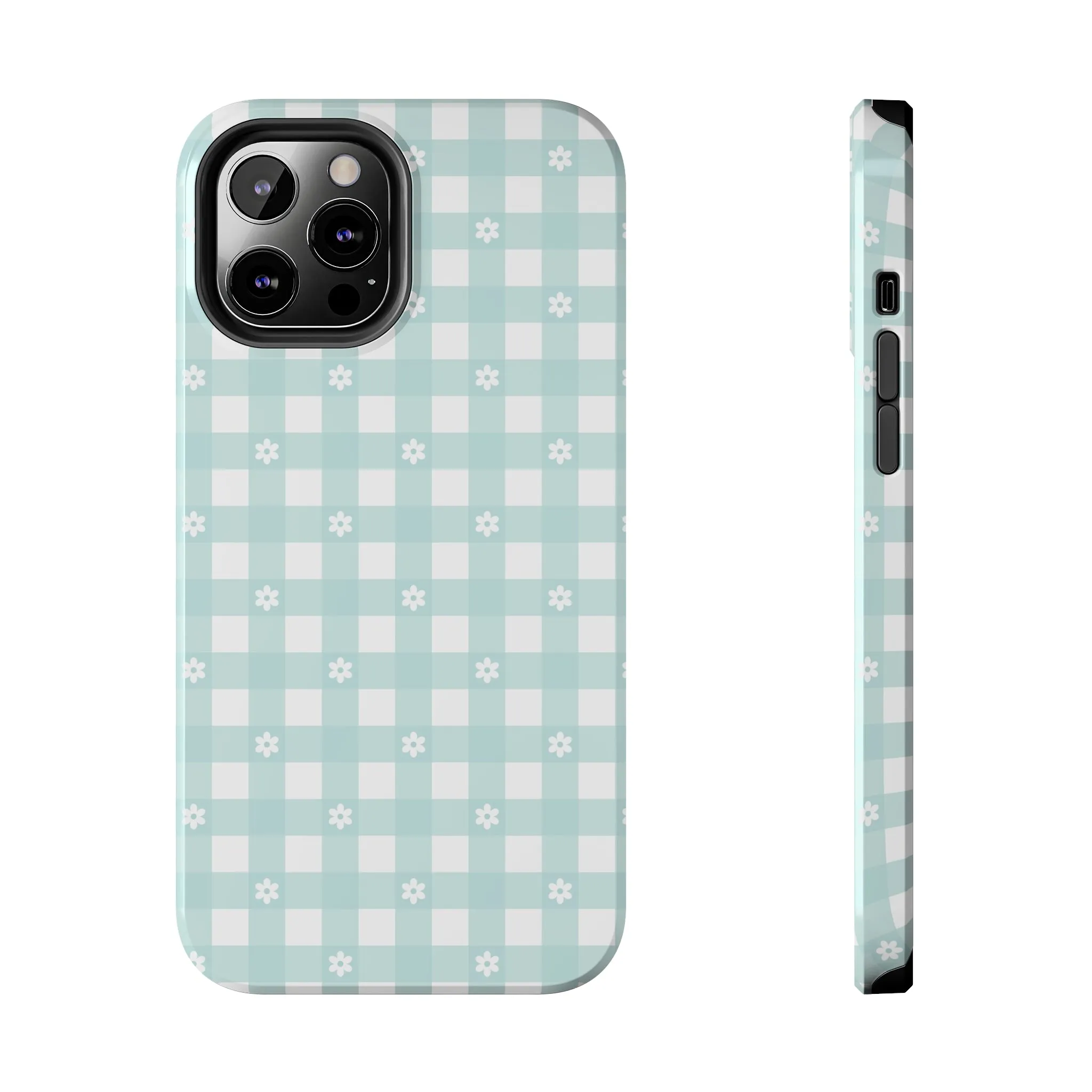 Cute Blue and White Gingham with Daisies Digital print Design Tough Phone Case compatible with a large variety of iPhone models, Gift, Phone Case