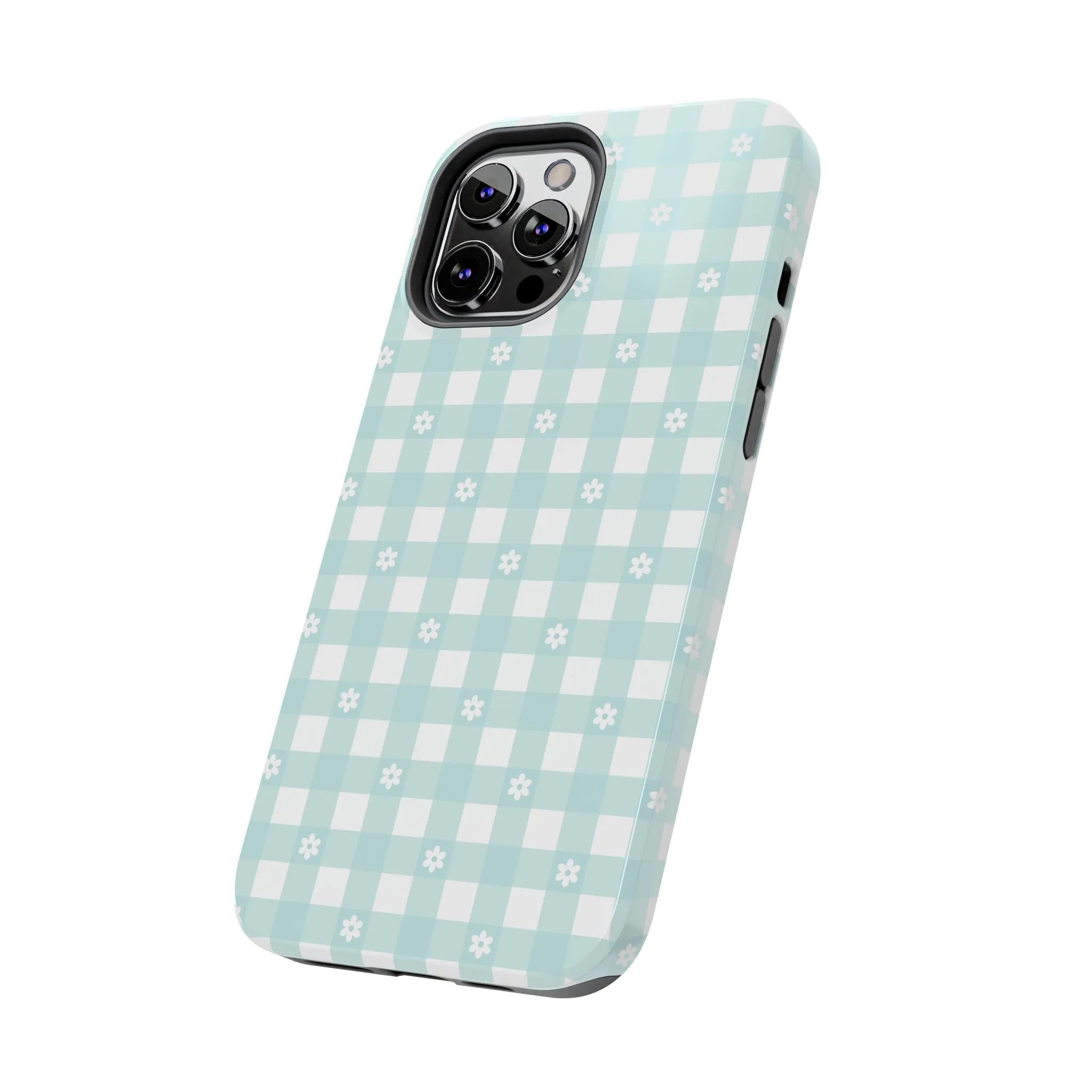 Cute Blue and White Gingham with Daisies Digital print Design Tough Phone Case compatible with a large variety of iPhone models, Gift, Phone Case