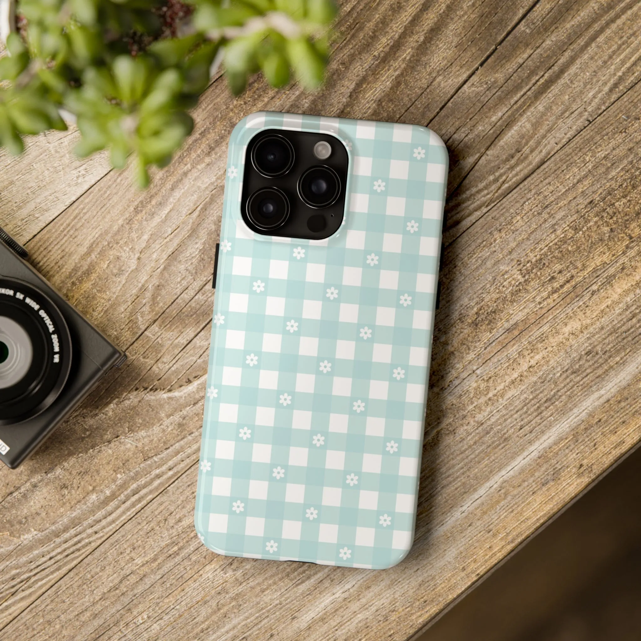 Cute Blue and White Gingham with Daisies Digital print Design Tough Phone Case compatible with a large variety of iPhone models, Gift, Phone Case