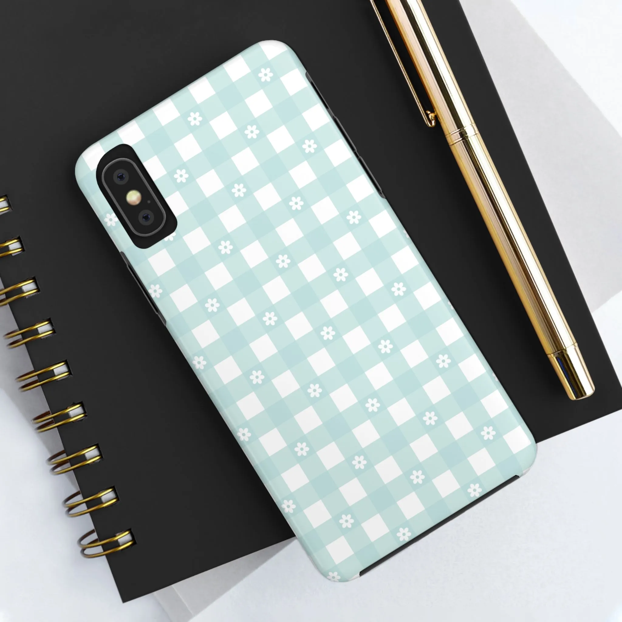 Cute Blue and White Gingham with Daisies Digital print Design Tough Phone Case compatible with a large variety of iPhone models, Gift, Phone Case