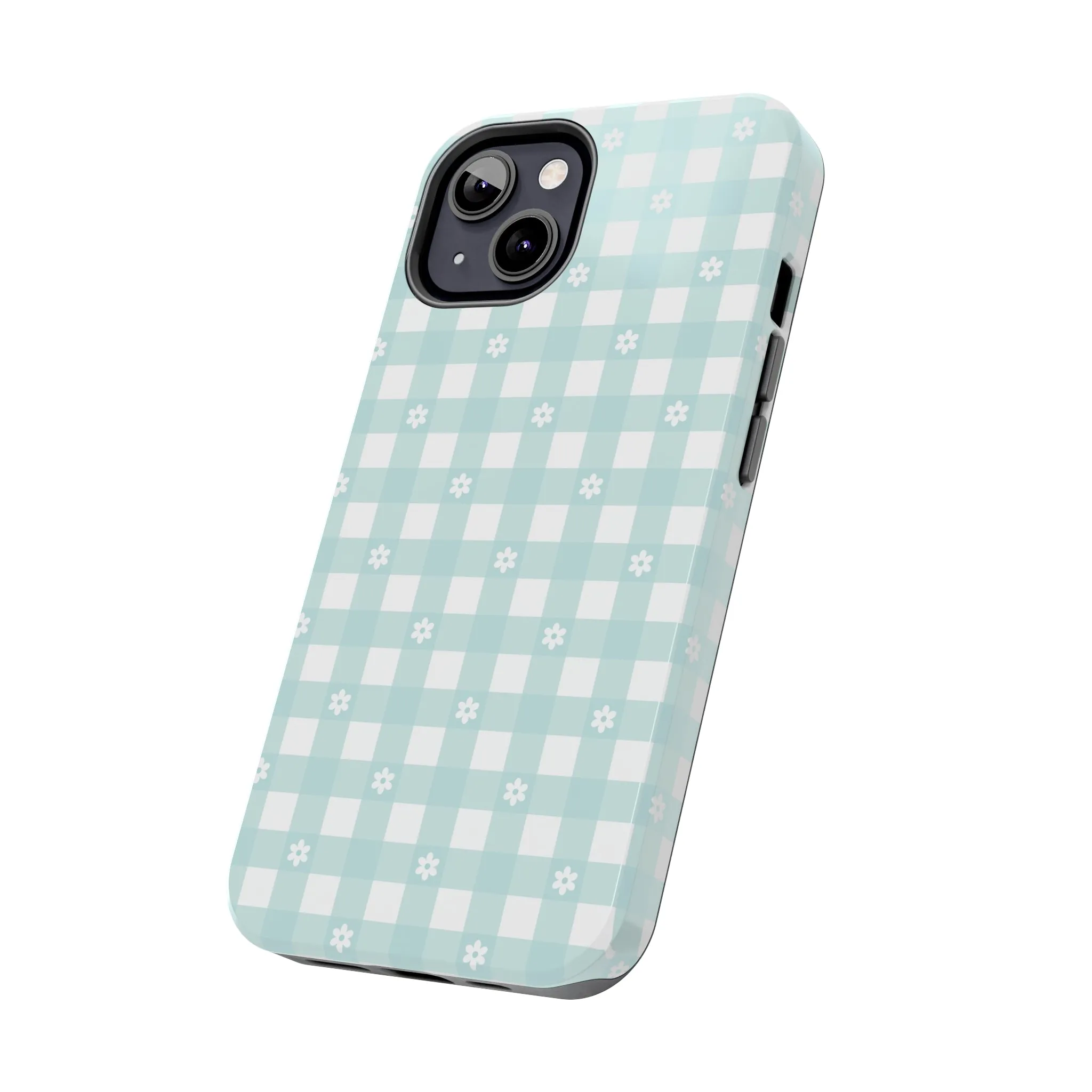 Cute Blue and White Gingham with Daisies Digital print Design Tough Phone Case compatible with a large variety of iPhone models, Gift, Phone Case