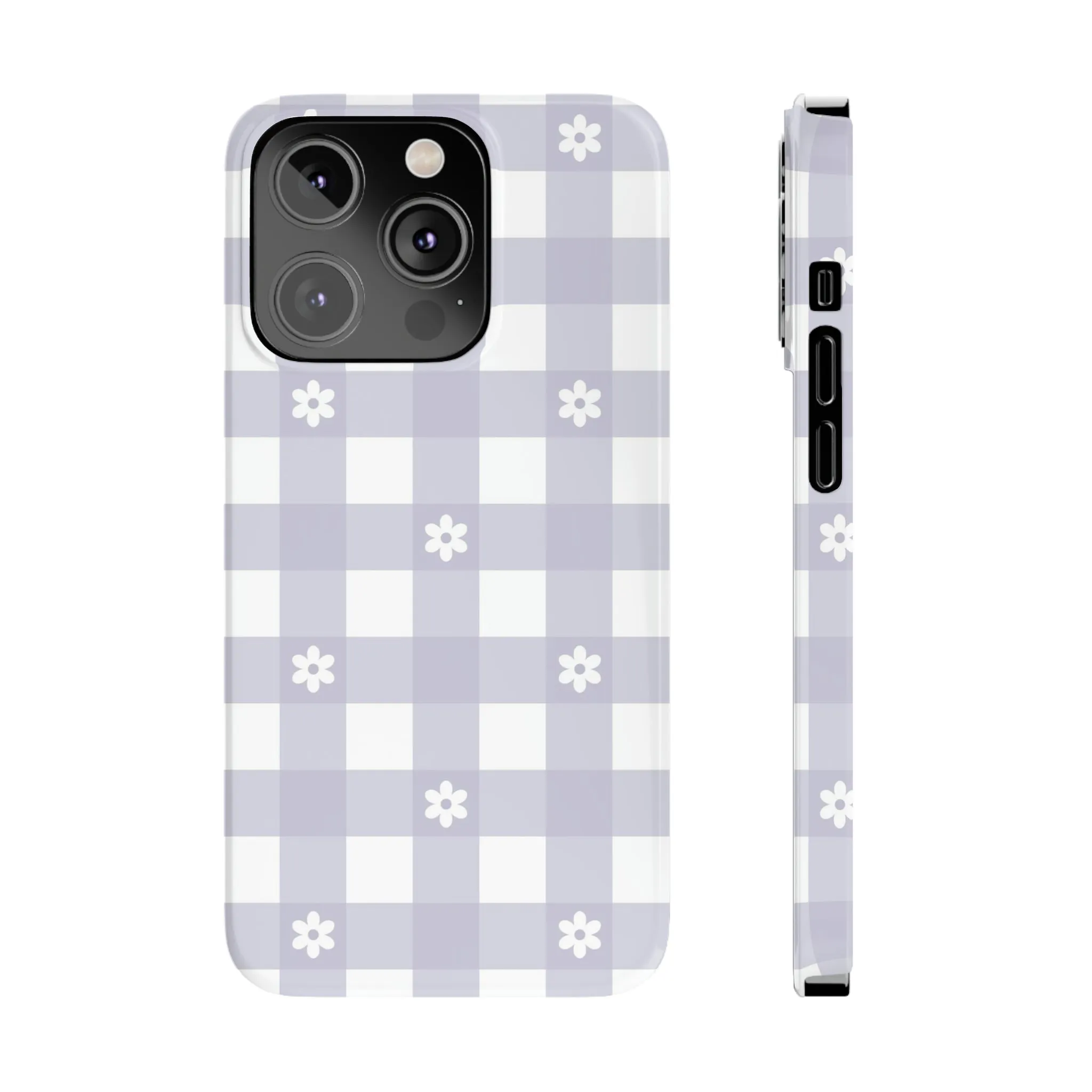 Daisies and Purple Gingham Design Sleek Elegance Wireless-Charging Compatible Phone Case Slim Phone Case compatible with over 20 iphone models