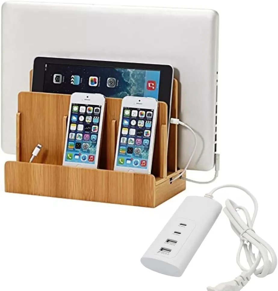 Eco-Friendly Bamboo Multi-Device Charging Station Dock & Organizer