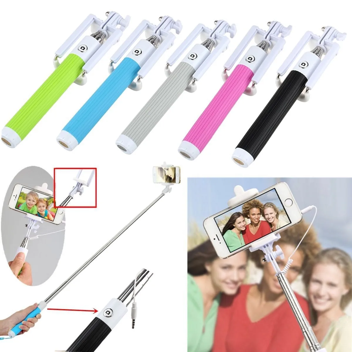 Fashion Extendable Wired Remote Shutter Selfie Stick Monopod For iPhone Smartphone - Green