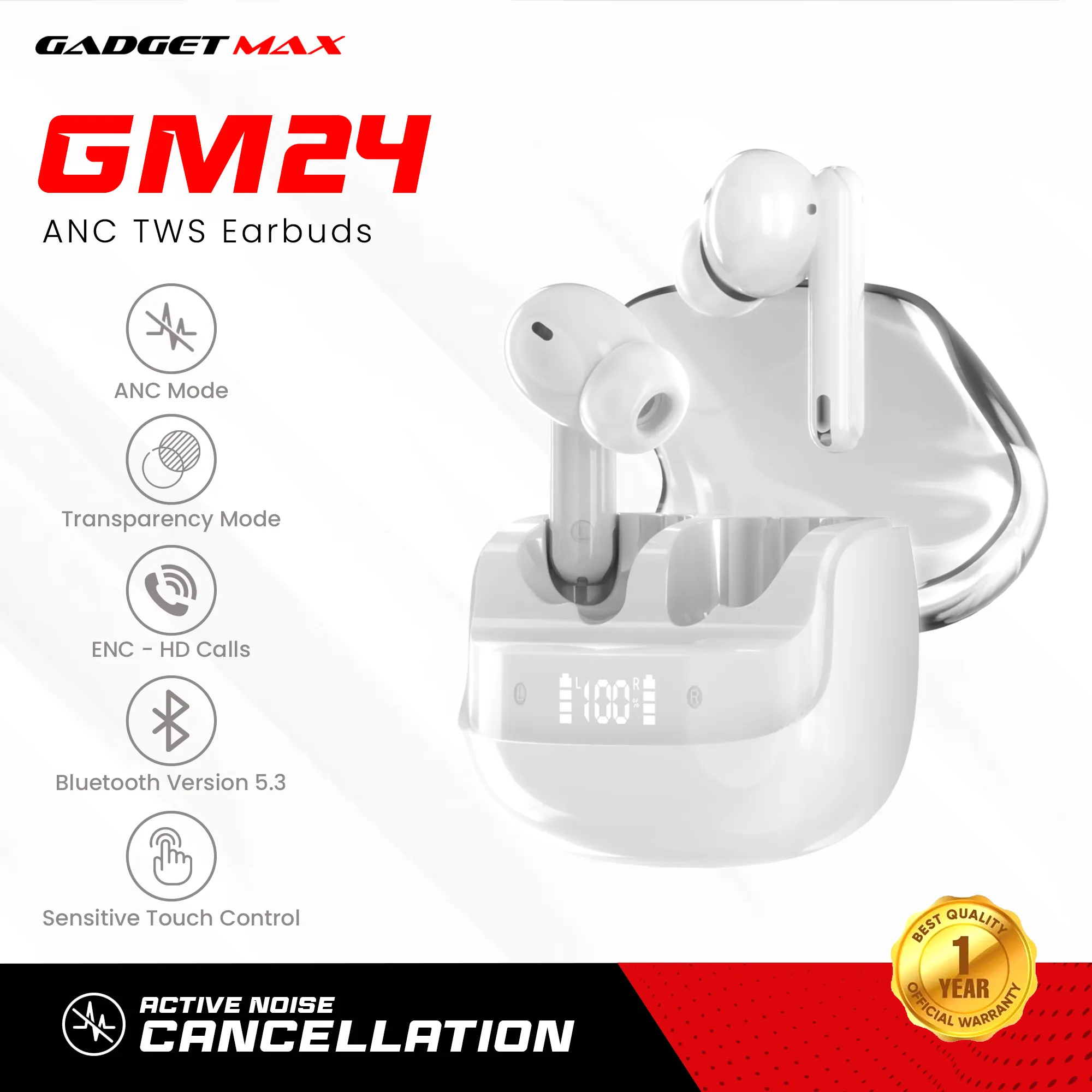 GADGET MAX GM24 WIRELESS ACTIVE NOISE CANCELLATION TWS Earbuds (ANC ENC)