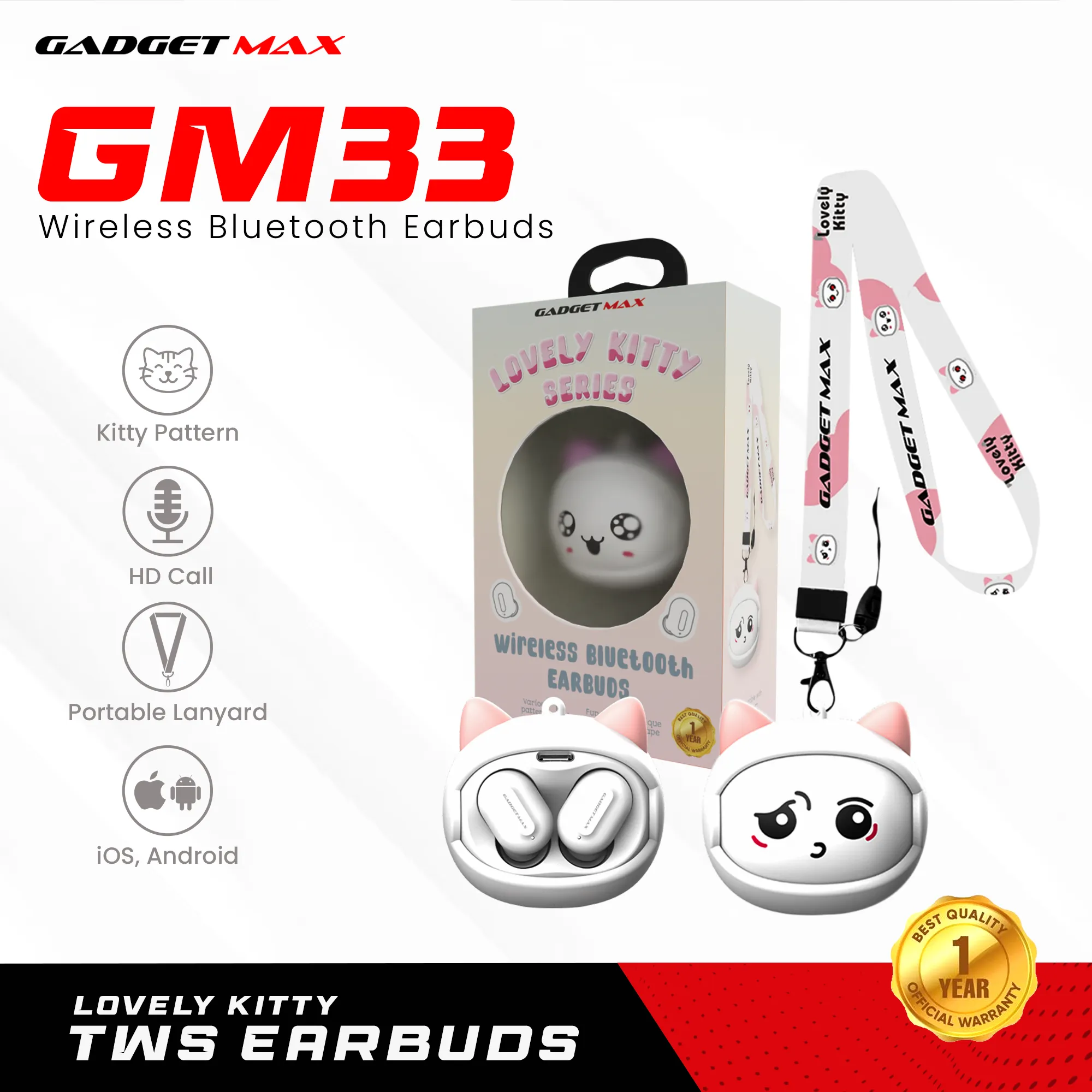 GADGET MAX GM33 LOVELY KITTY SERIES TWS Earbuds (V5.0) - PINK