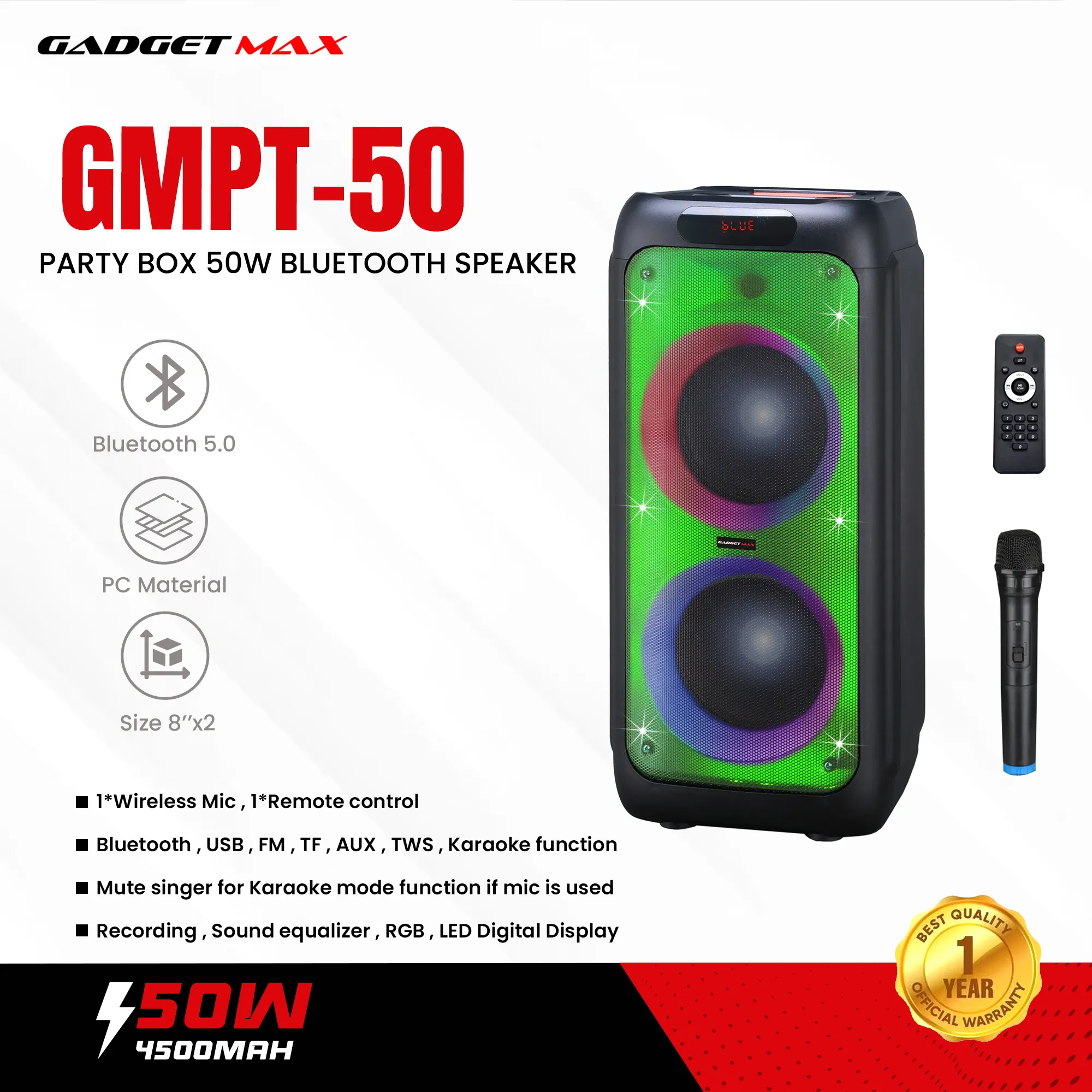 GADGET MAX GMPT-50 PARTY BOX 50W (8"*2) BLUETOOTH SPEAKER