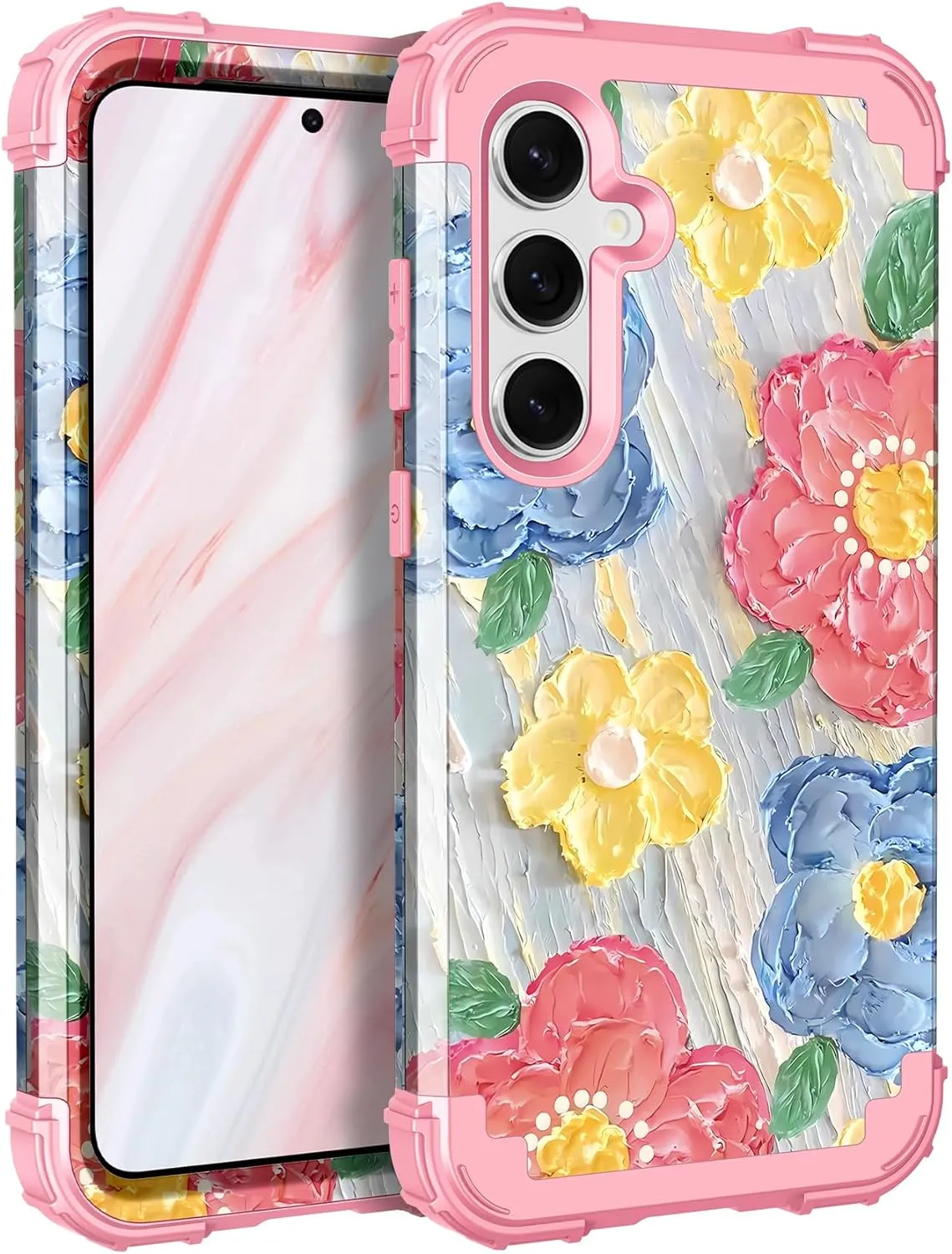 Galaxy S24 Plus 5G Shockproof 3 in 1 Heavy Duty Hybrid Rugged Full Body Protective Cute Oil Painting Flowers Cover Case