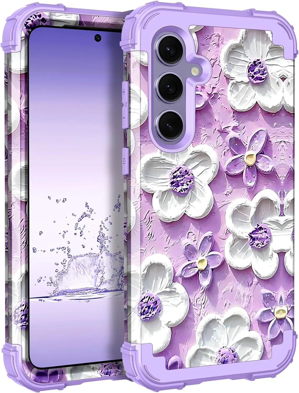 Galaxy S24 Plus 5G Shockproof 3 in 1 Heavy Duty Hybrid Rugged Full Body Protective Cute Oil Painting Flowers Cover Case