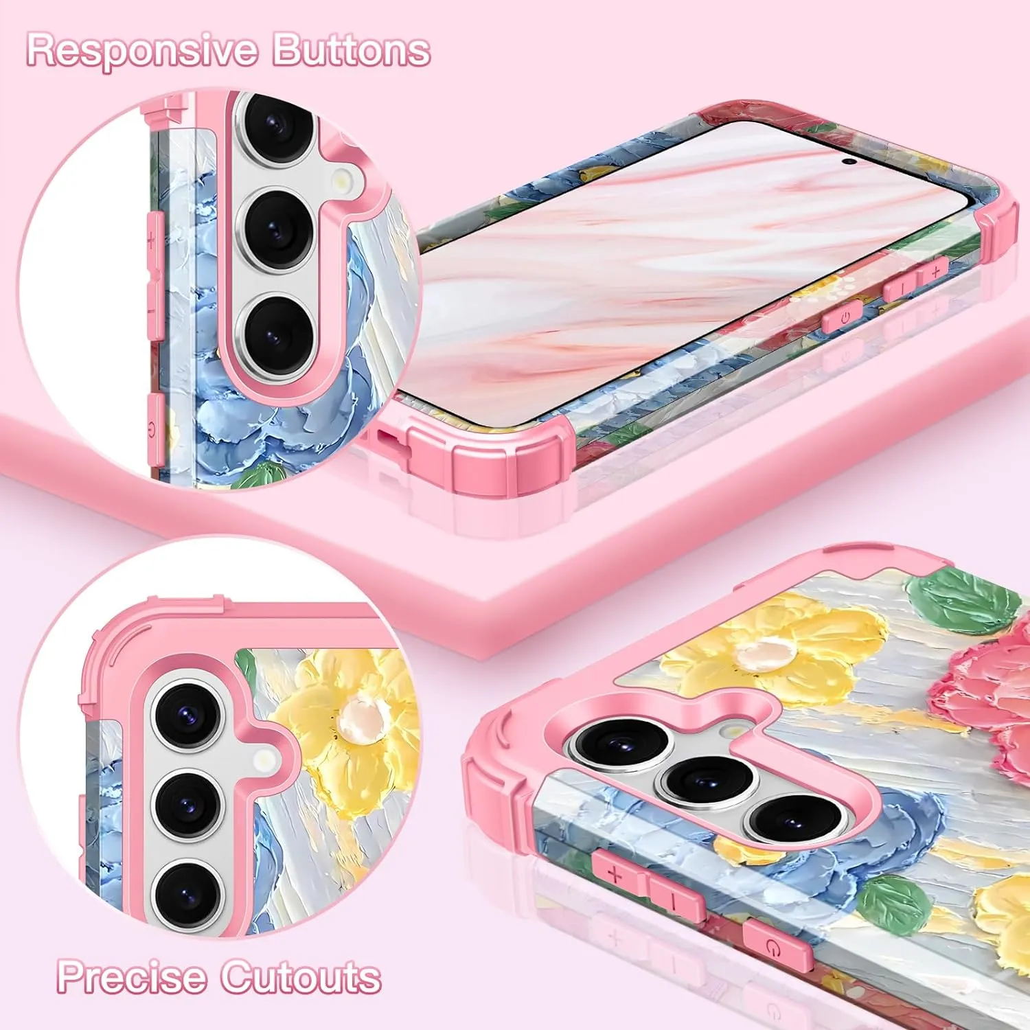 Galaxy S24 Plus 5G Shockproof 3 in 1 Heavy Duty Hybrid Rugged Full Body Protective Cute Oil Painting Flowers Cover Case