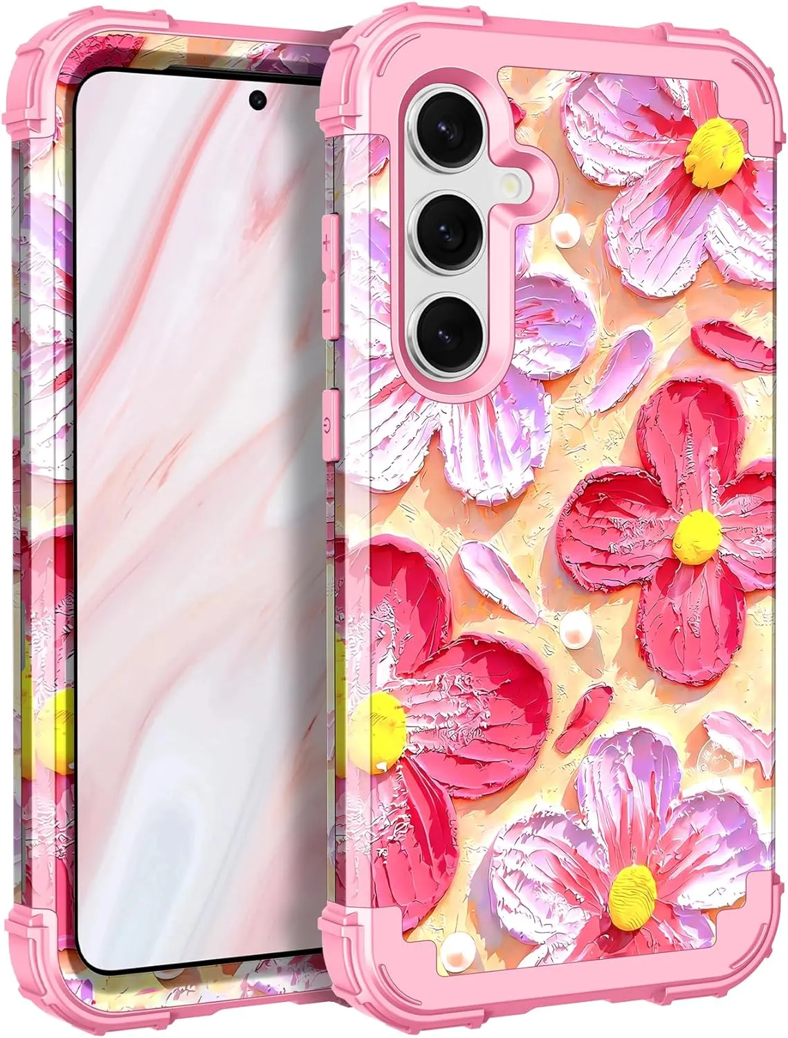 Galaxy S24 Plus 5G Shockproof 3 in 1 Heavy Duty Hybrid Rugged Full Body Protective Cute Oil Painting Flowers Cover Case