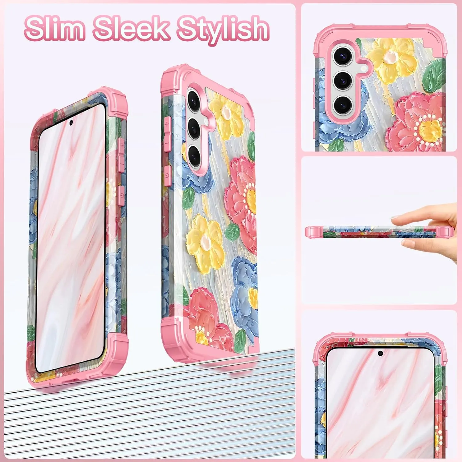 Galaxy S24 Plus 5G Shockproof 3 in 1 Heavy Duty Hybrid Rugged Full Body Protective Cute Oil Painting Flowers Cover Case