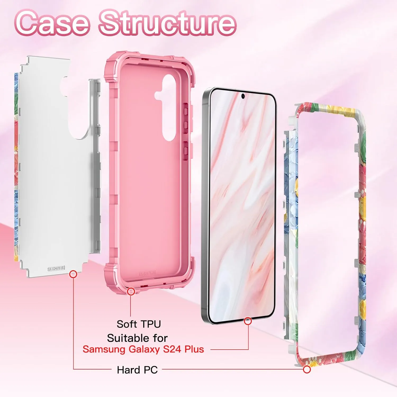 Galaxy S24 Plus 5G Shockproof 3 in 1 Heavy Duty Hybrid Rugged Full Body Protective Cute Oil Painting Flowers Cover Case