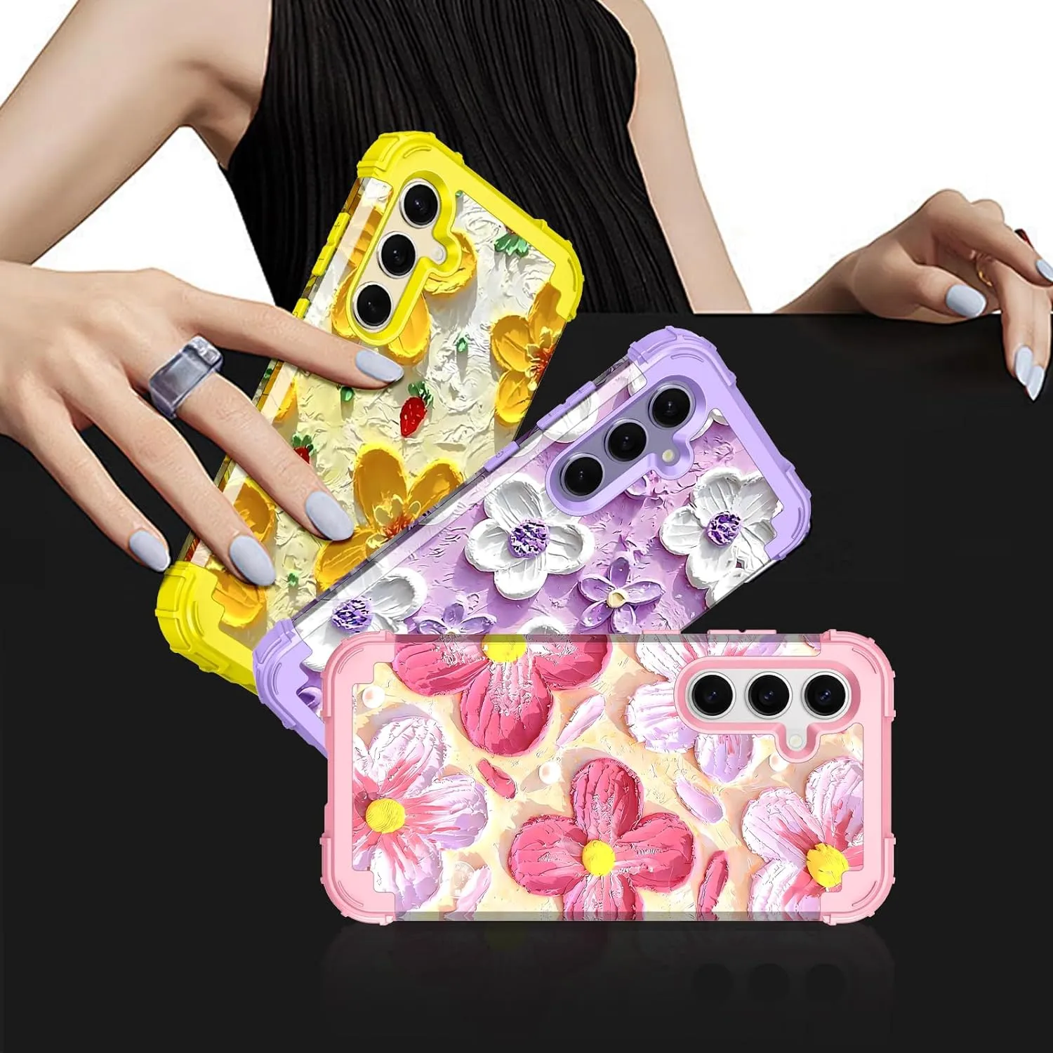 Galaxy S24 Plus 5G Shockproof 3 in 1 Heavy Duty Hybrid Rugged Full Body Protective Cute Oil Painting Flowers Cover Case