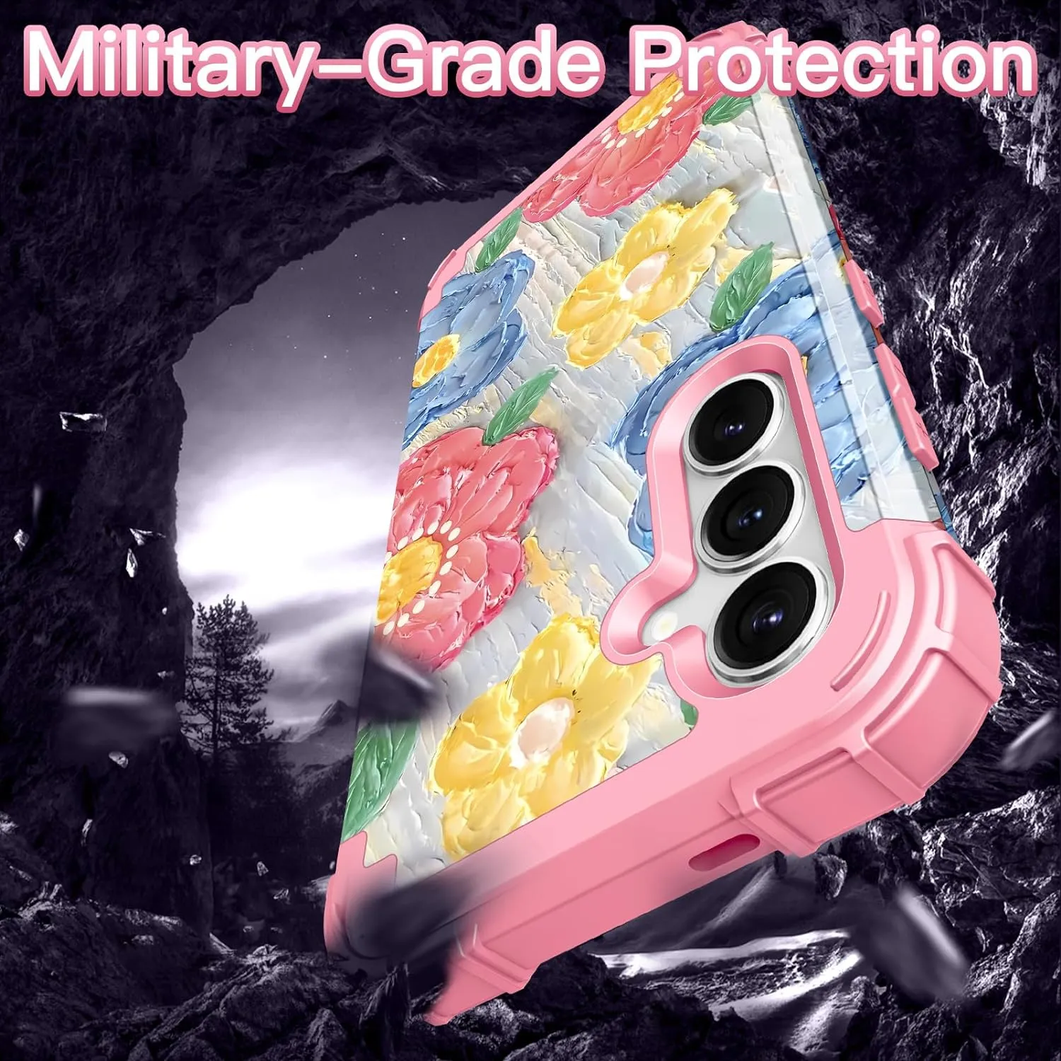 Galaxy S24 Plus 5G Shockproof 3 in 1 Heavy Duty Hybrid Rugged Full Body Protective Cute Oil Painting Flowers Cover Case