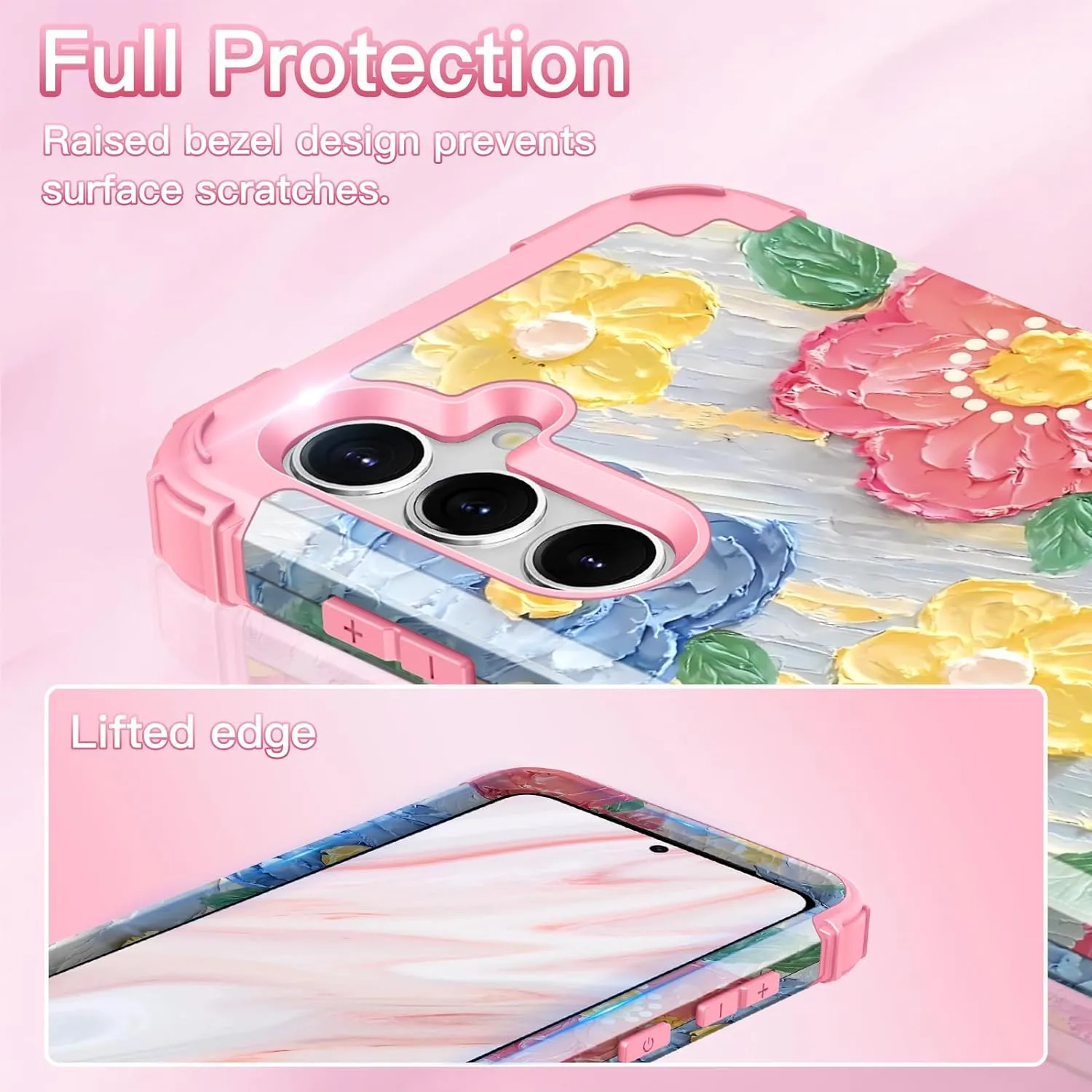 Galaxy S24 Plus 5G Shockproof 3 in 1 Heavy Duty Hybrid Rugged Full Body Protective Cute Oil Painting Flowers Cover Case