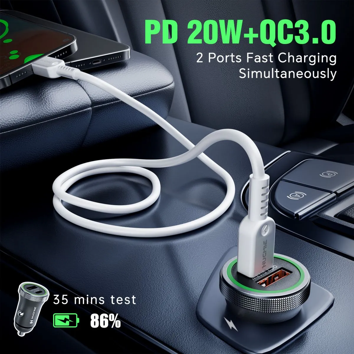 Hugmie® FCP-20WI PD 20W Car Charger with 1M Type C to Lightning Cable