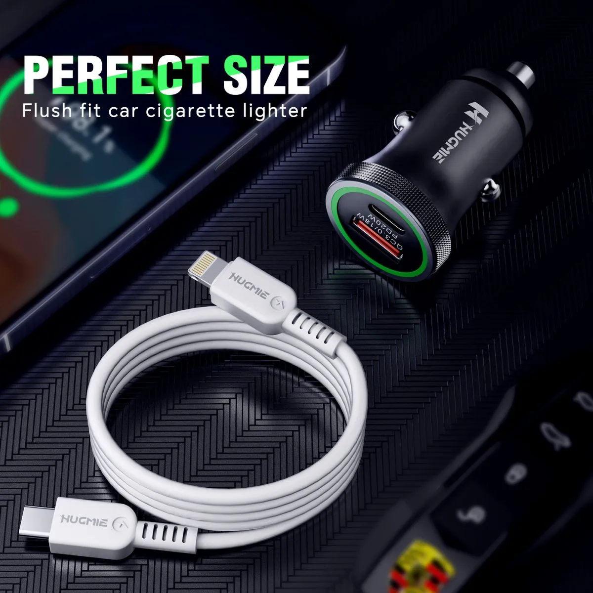 Hugmie® FCP-20WI PD 20W Car Charger with 1M Type C to Lightning Cable