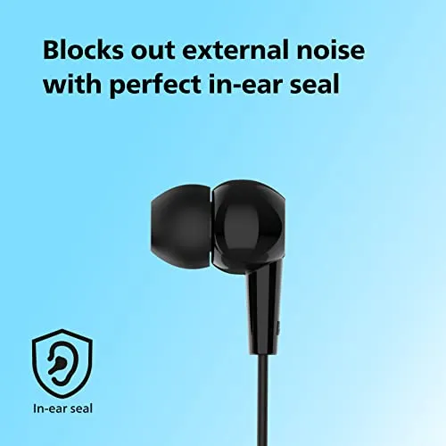 Philips Audio TAE1107BK Wired in-Ear Earphones with Built in Mic, Ergonomic Comfort-Fit | 10mm Drivers, 1.2m Durable Cable, Dynamic bass and Clear Sound (Black)