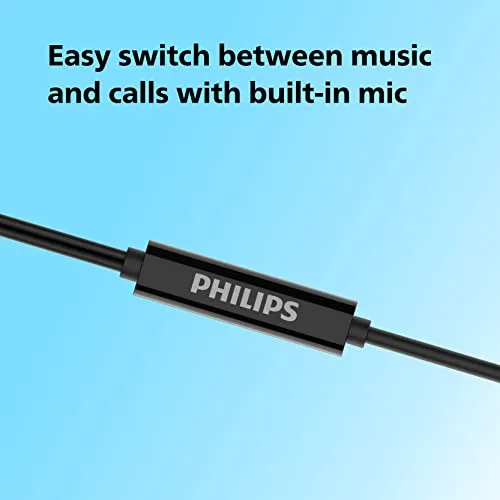 Philips Audio TAE1107BK Wired in-Ear Earphones with Built in Mic, Ergonomic Comfort-Fit | 10mm Drivers, 1.2m Durable Cable, Dynamic bass and Clear Sound (Black)