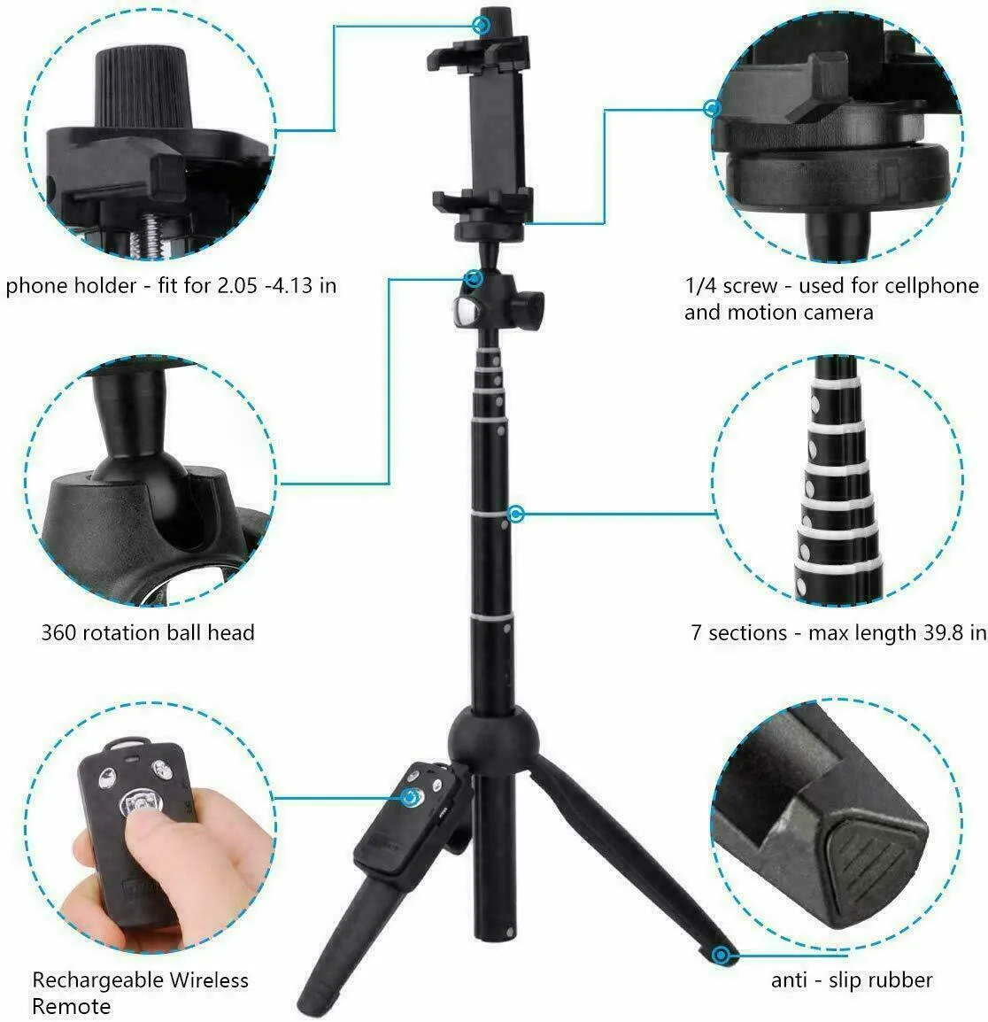 SMAXPlus™ Professional 40" Selfie Stick Tripod Phone/GoPro/Camera: Bluetooth Remote, Extendable, Foldable Mini Stand