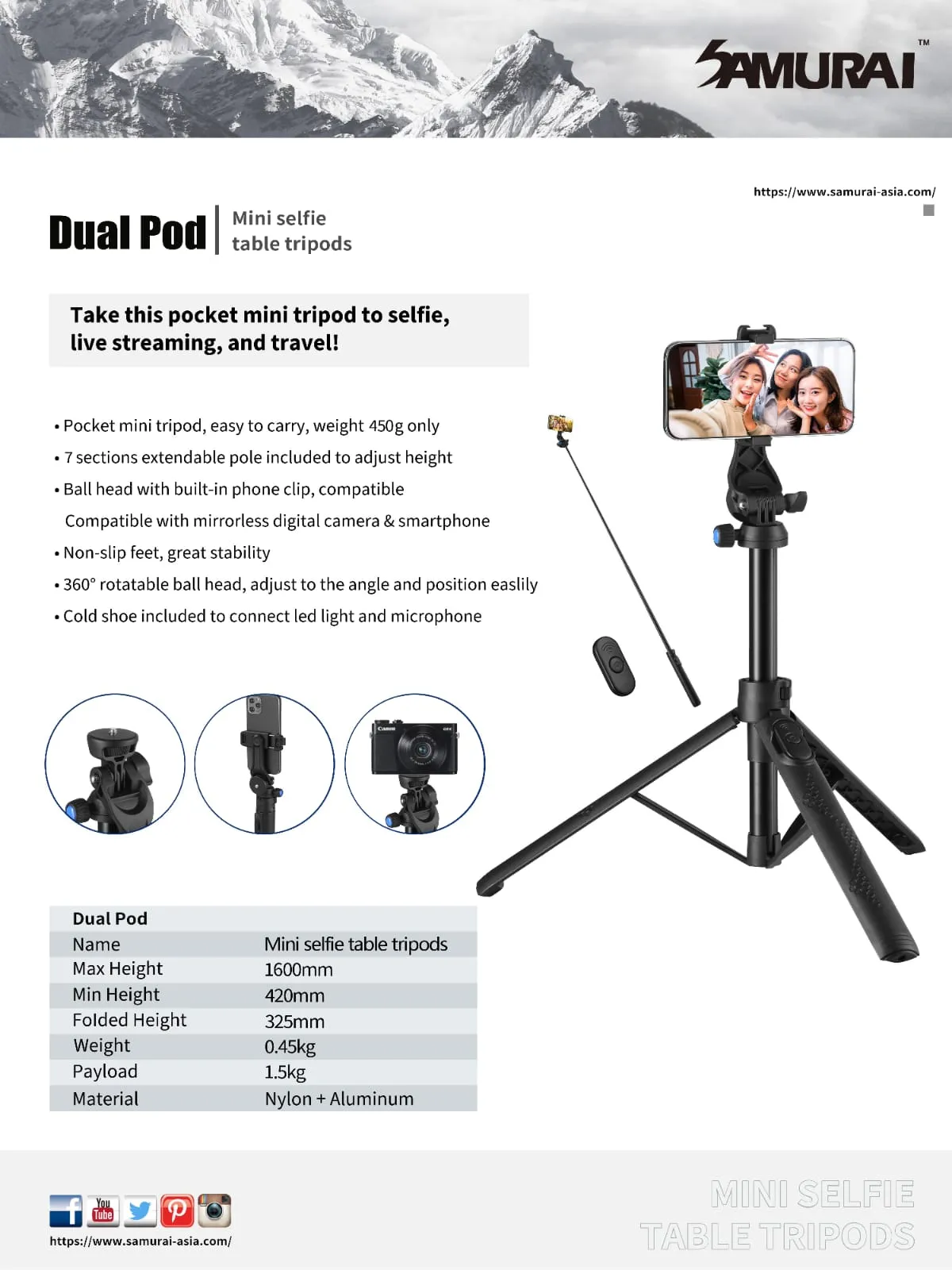 Tripod Dual Pod Mini selfie table stand with Bluetooth remote