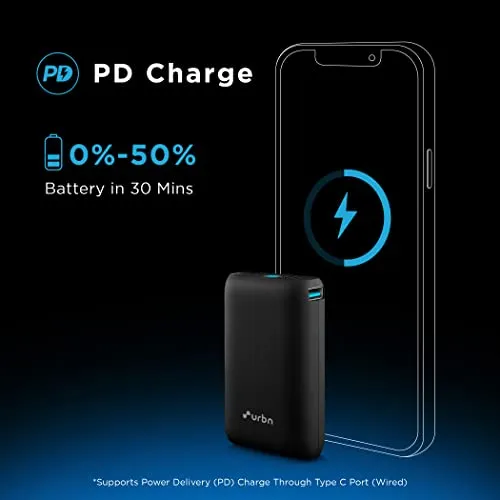 URBN 10000 mAh Lithium_ion Premium Black Edition Nano Power Bank | 20W Fast Charging | Smallest Power Bank | Type C PD (Input& Output) | Made in India | Dual Output | Free Type C Cable - Black