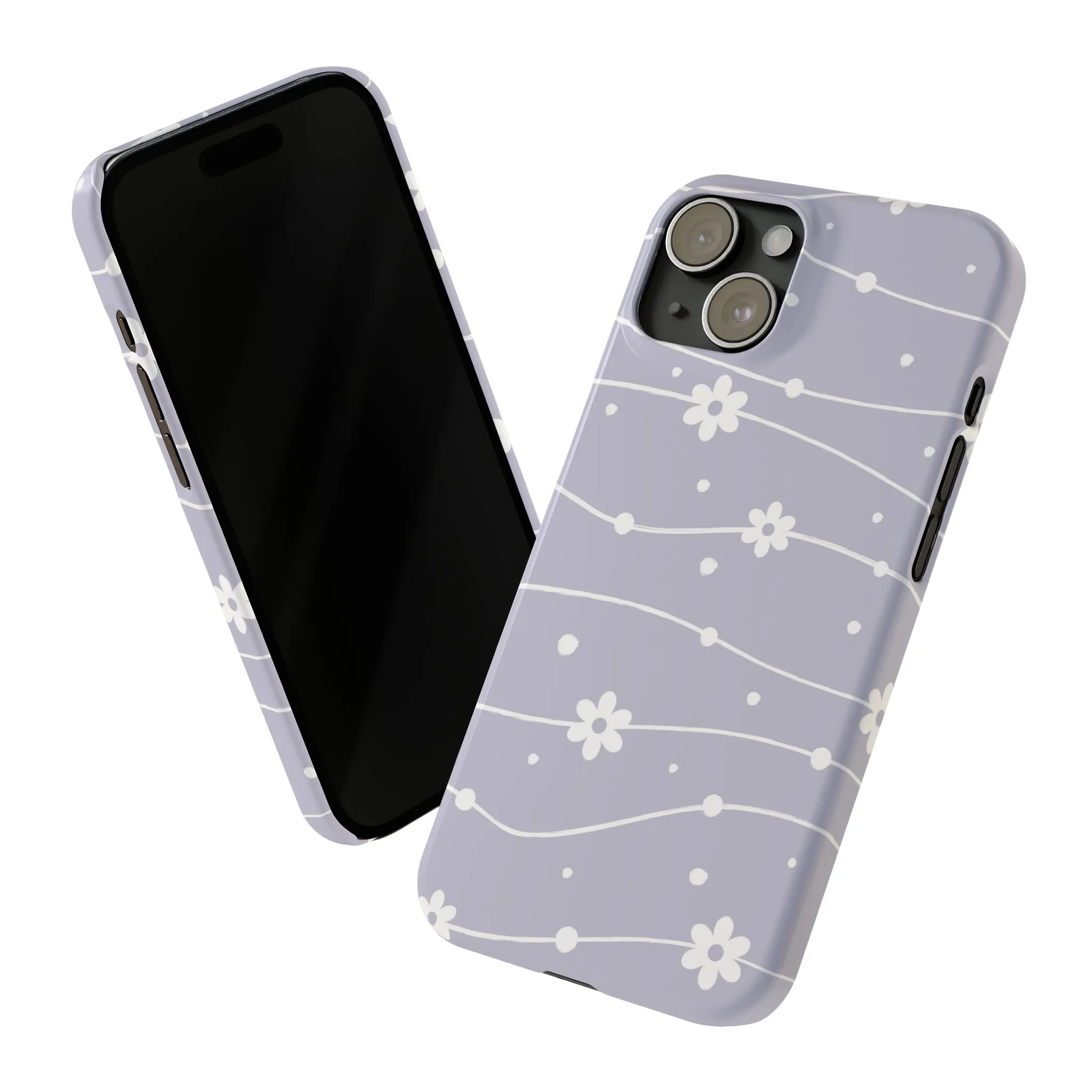 White Daisies and Polka Dots with purple background Design Sleek Elegance Wireless-Charging Compatible Phone Case Slim Phone Case compatible with over 20 iphone models