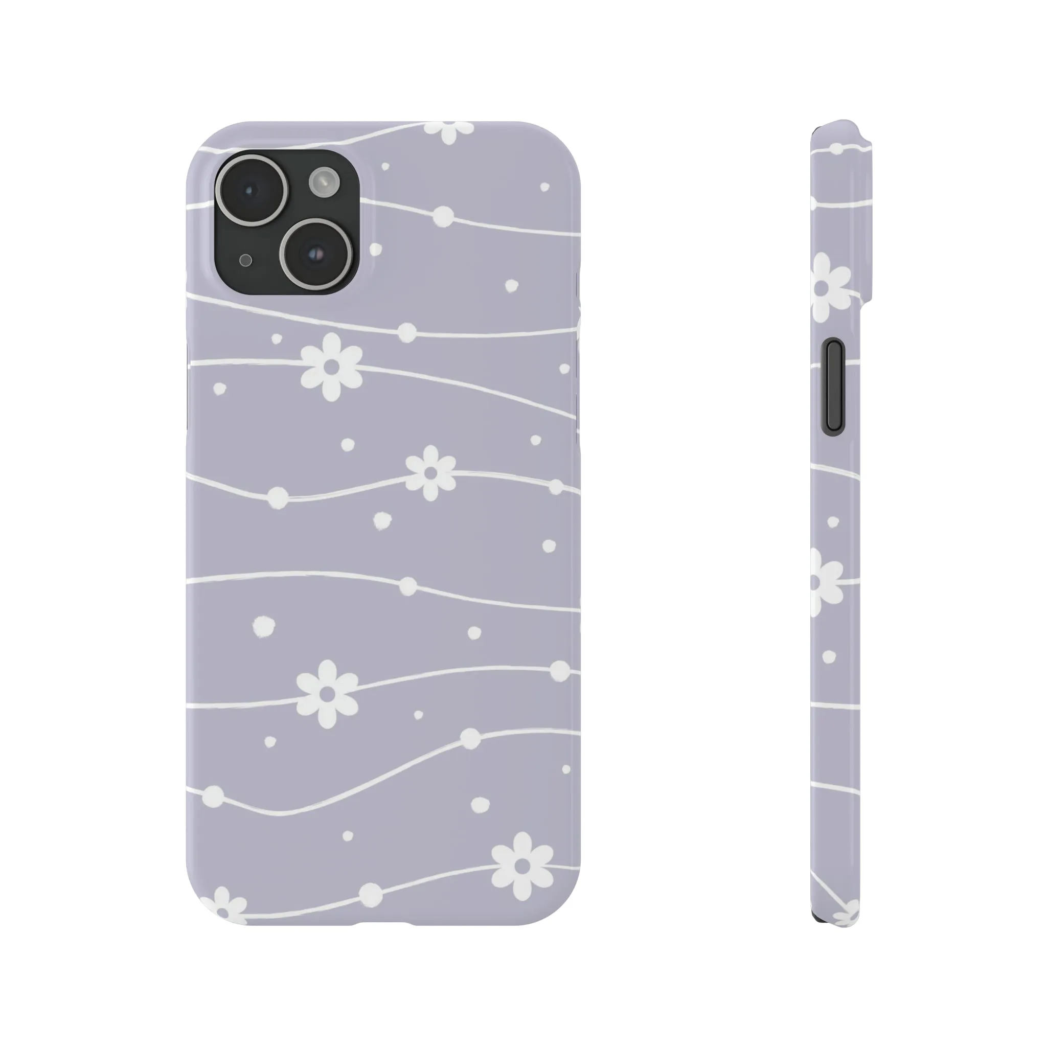 White Daisies and Polka Dots with purple background Design Sleek Elegance Wireless-Charging Compatible Phone Case Slim Phone Case compatible with over 20 iphone models