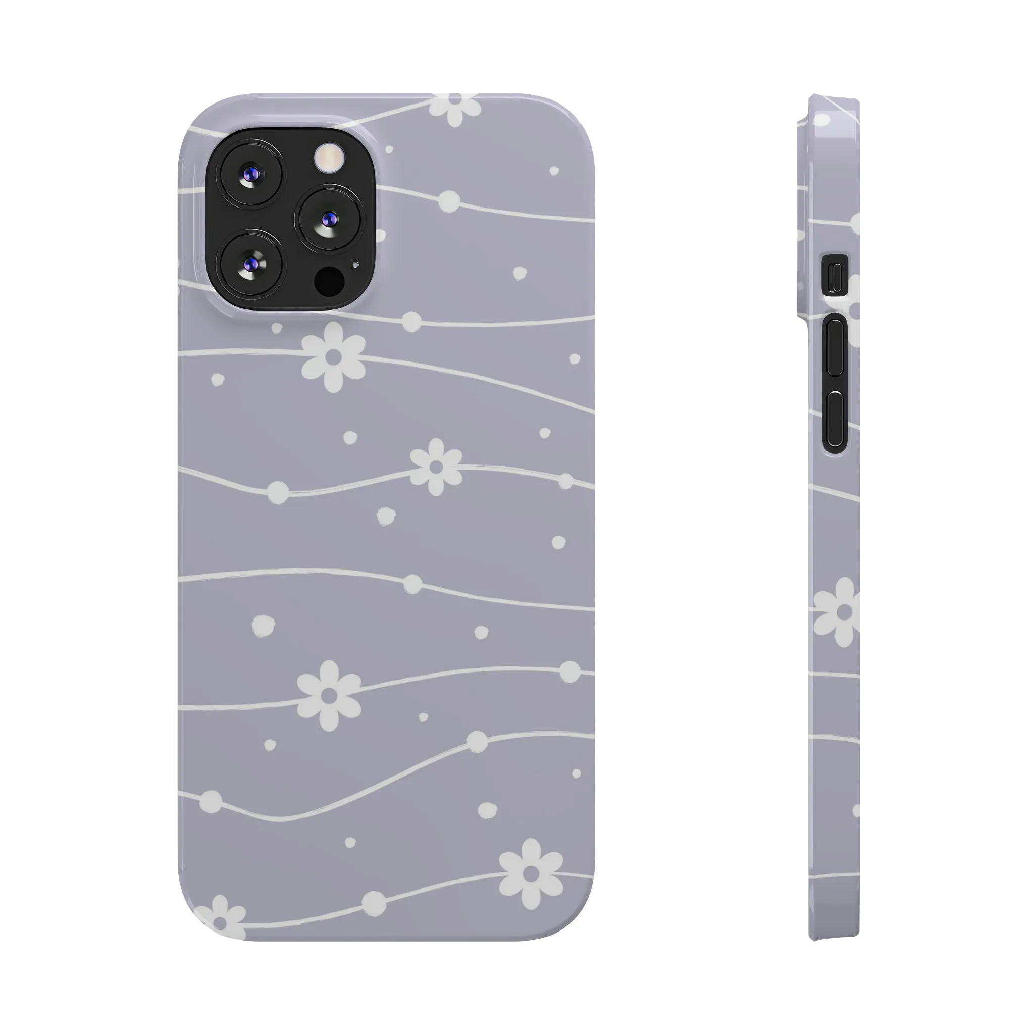 White Daisies and Polka Dots with purple background Design Sleek Elegance Wireless-Charging Compatible Phone Case Slim Phone Case compatible with over 20 iphone models