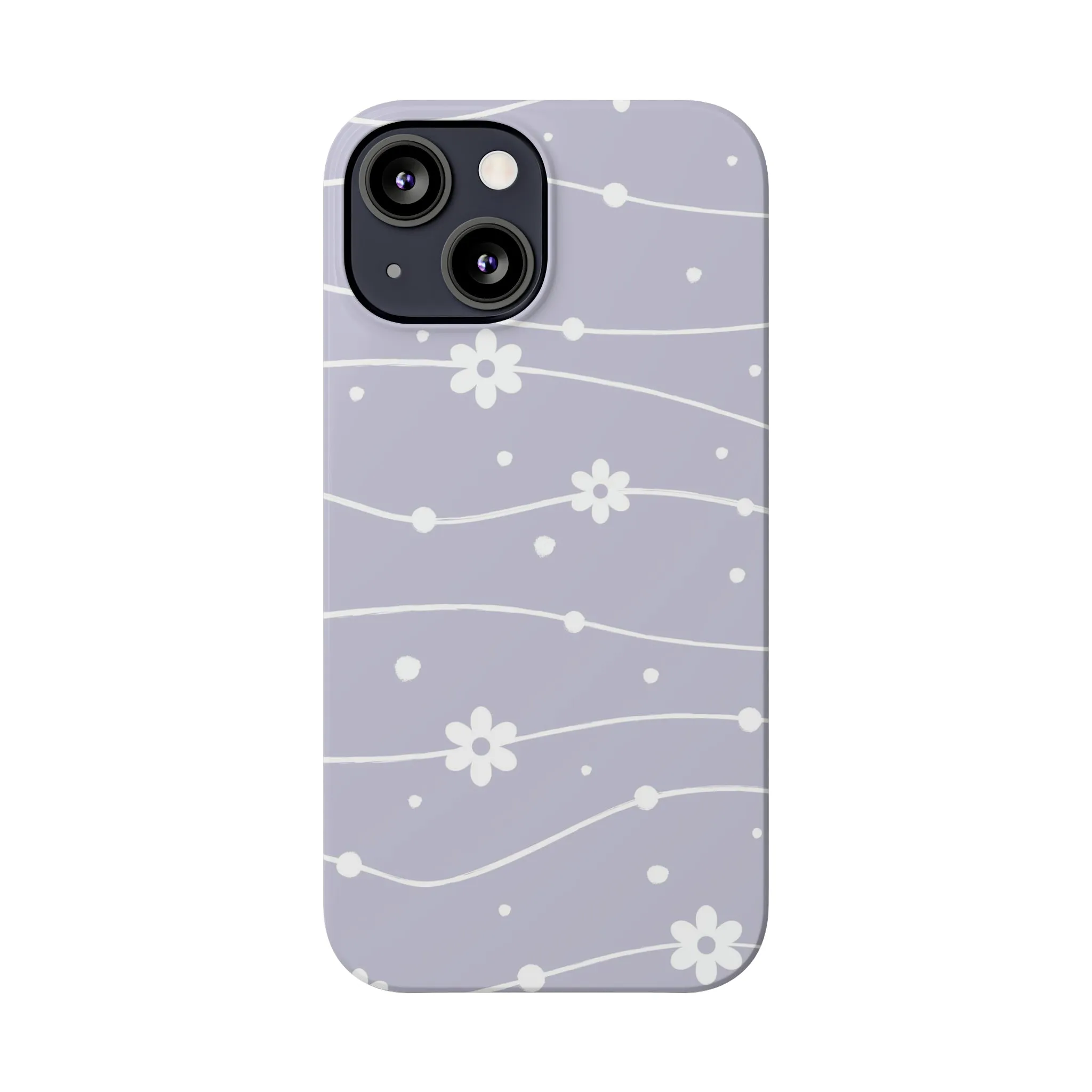 White Daisies and Polka Dots with purple background Design Sleek Elegance Wireless-Charging Compatible Phone Case Slim Phone Case compatible with over 20 iphone models