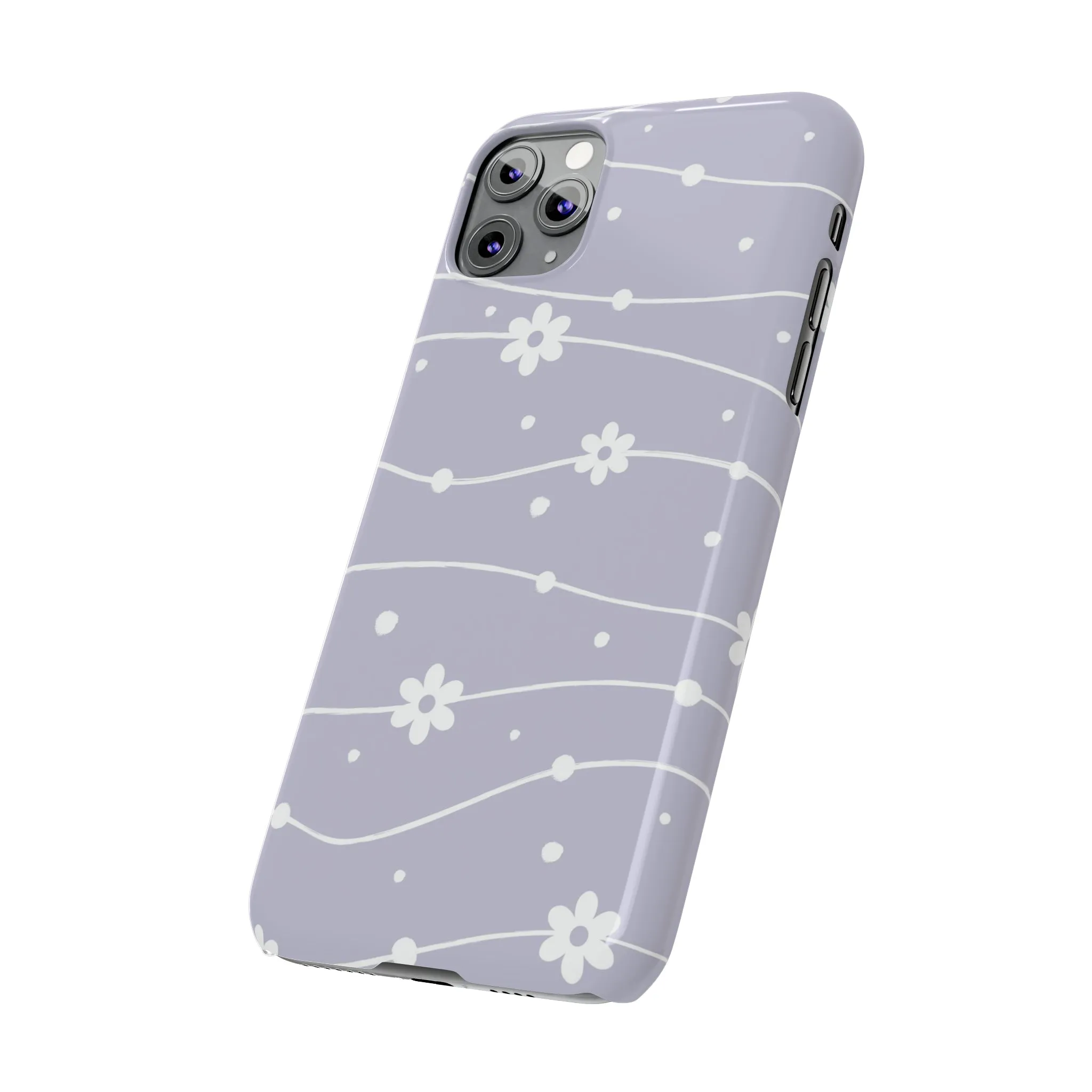 White Daisies and Polka Dots with purple background Design Sleek Elegance Wireless-Charging Compatible Phone Case Slim Phone Case compatible with over 20 iphone models