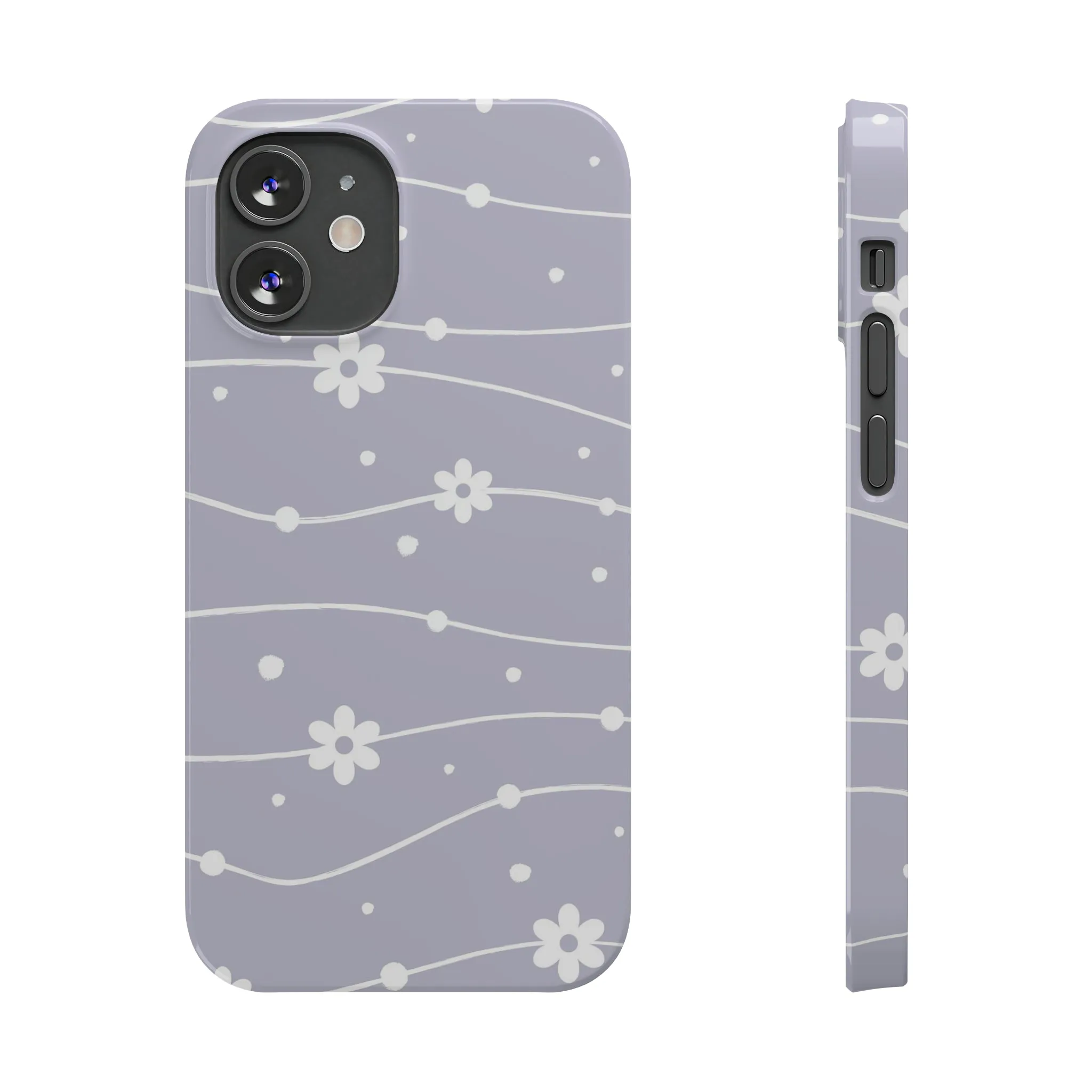 White Daisies and Polka Dots with purple background Design Sleek Elegance Wireless-Charging Compatible Phone Case Slim Phone Case compatible with over 20 iphone models