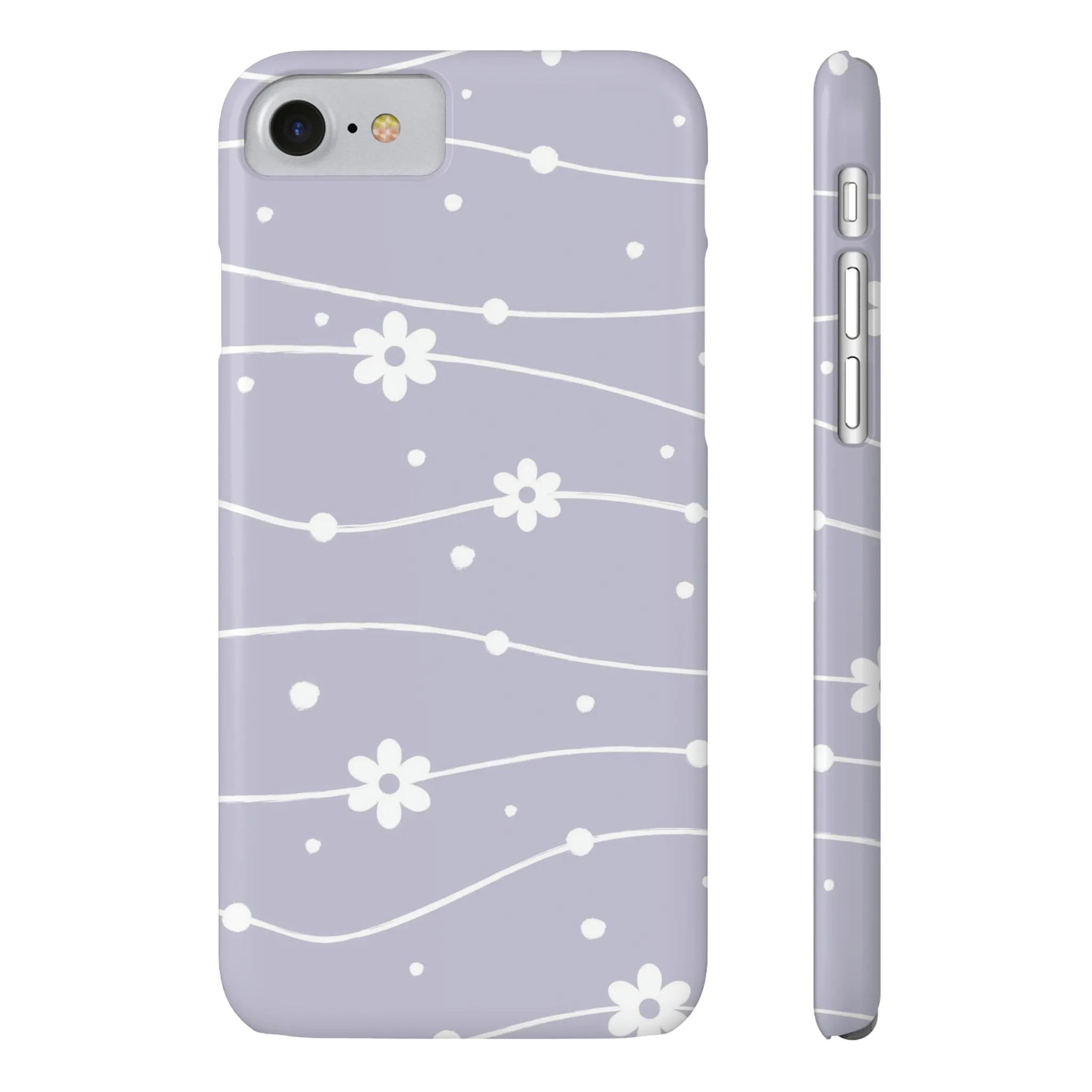 White Daisies and Polka Dots with purple background Design Sleek Elegance Wireless-Charging Compatible Phone Case Slim Phone Case compatible with over 20 iphone models