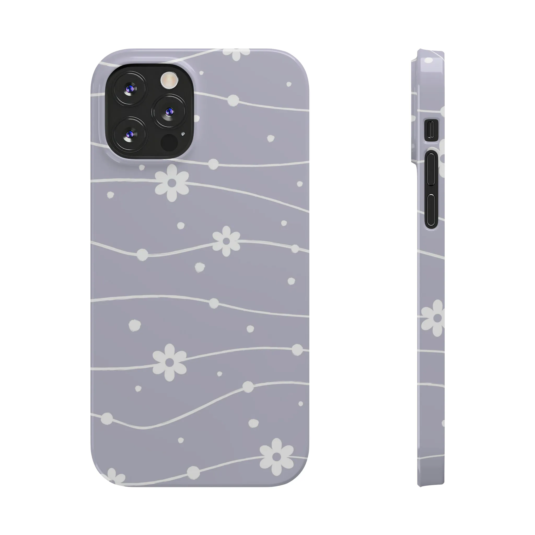 White Daisies and Polka Dots with purple background Design Sleek Elegance Wireless-Charging Compatible Phone Case Slim Phone Case compatible with over 20 iphone models