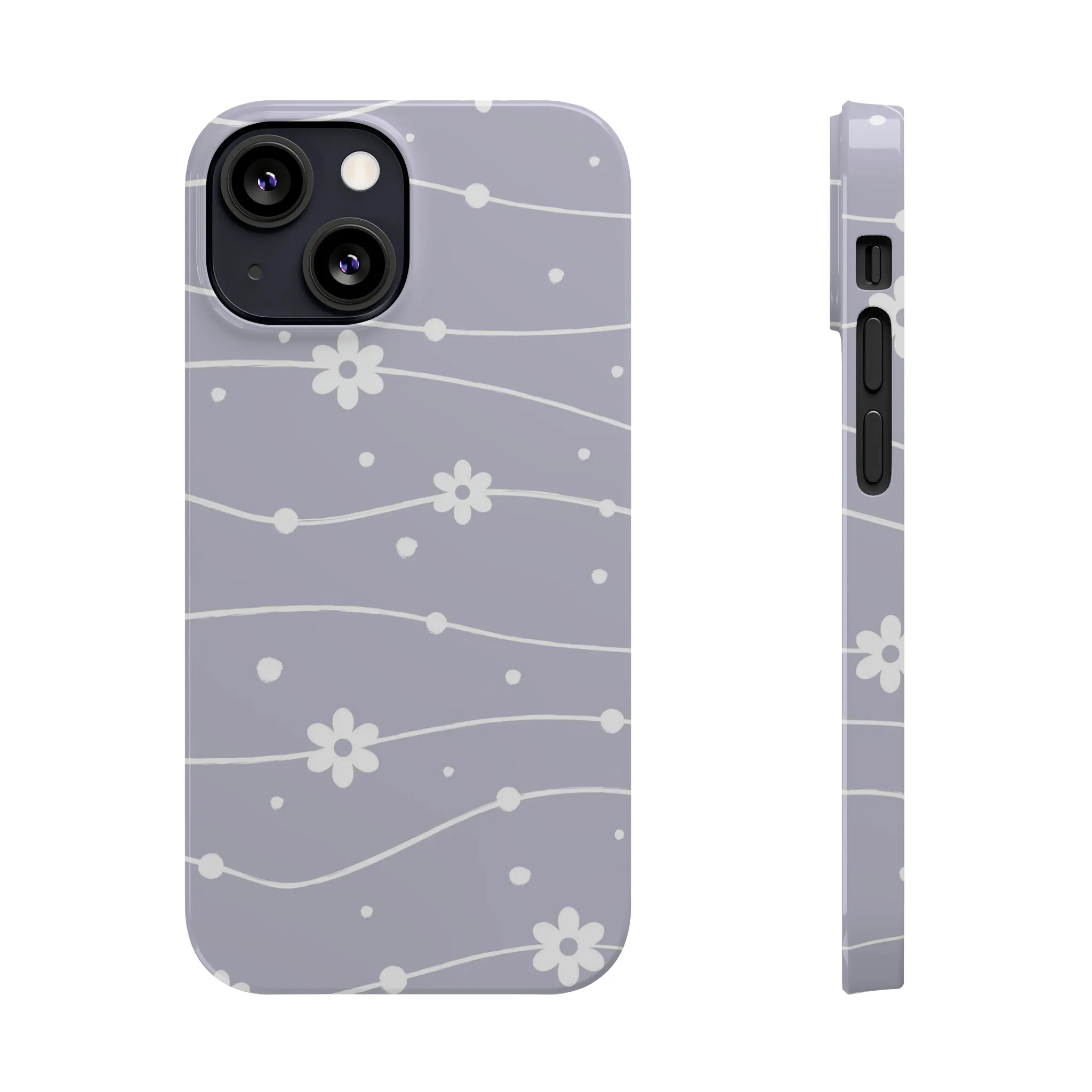 White Daisies and Polka Dots with purple background Design Sleek Elegance Wireless-Charging Compatible Phone Case Slim Phone Case compatible with over 20 iphone models