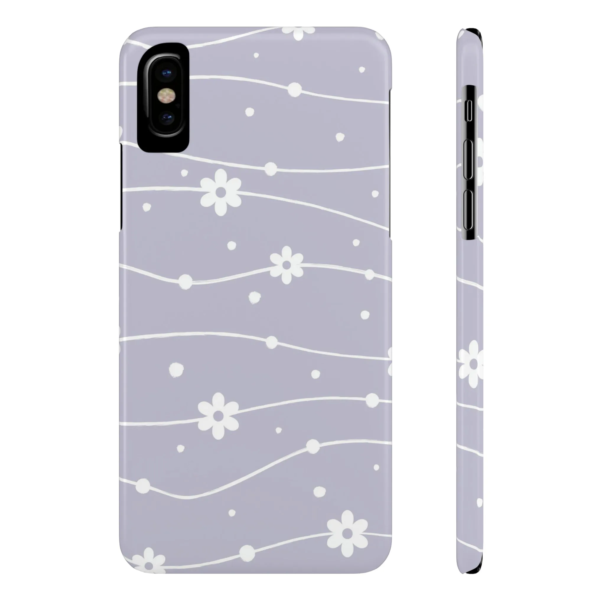 White Daisies and Polka Dots with purple background Design Sleek Elegance Wireless-Charging Compatible Phone Case Slim Phone Case compatible with over 20 iphone models