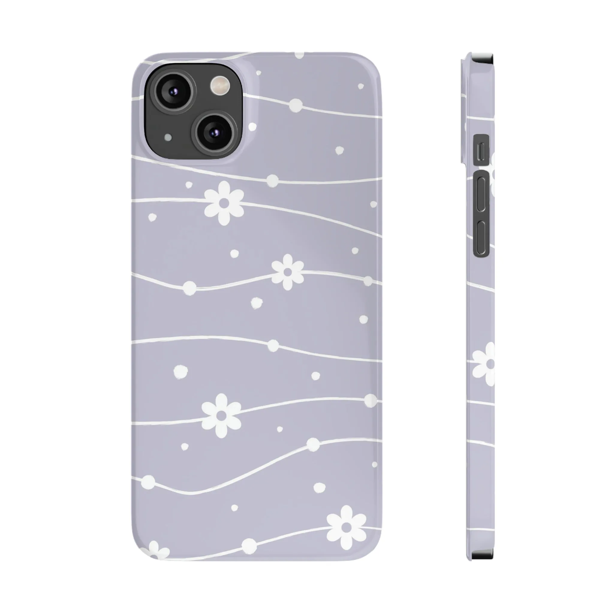 White Daisies and Polka Dots with purple background Design Sleek Elegance Wireless-Charging Compatible Phone Case Slim Phone Case compatible with over 20 iphone models