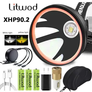 White Yellow Color Led Headlamp Xhp90.2Headlight Head Lamp Flashlight Torch 32W Bulbs 3* 18650 Battery Power Bank 7800mah Light